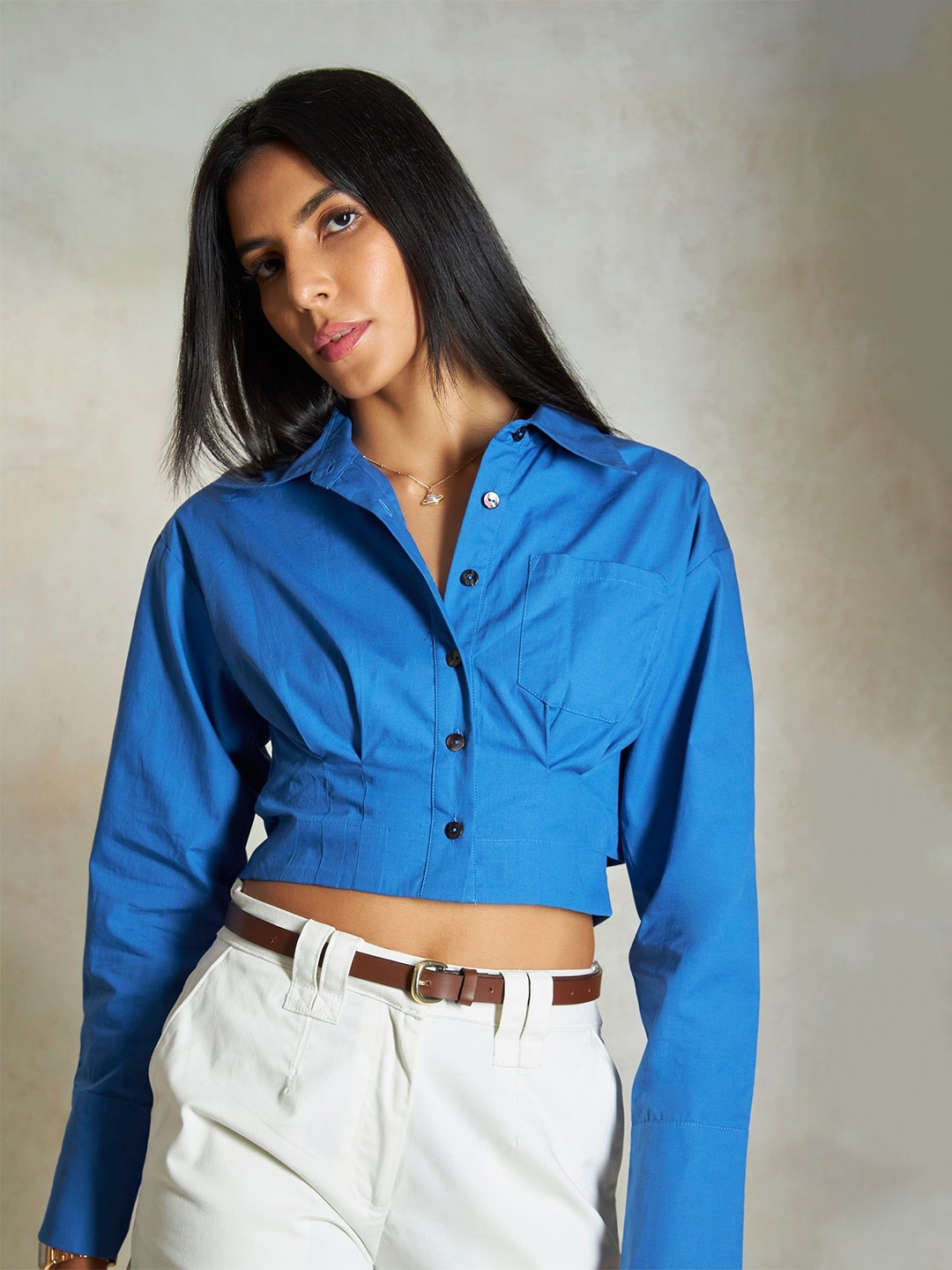 

Virgio Women Solid Shirt Collar Crop Length Full Sleeve Cotton Shirt, Blue