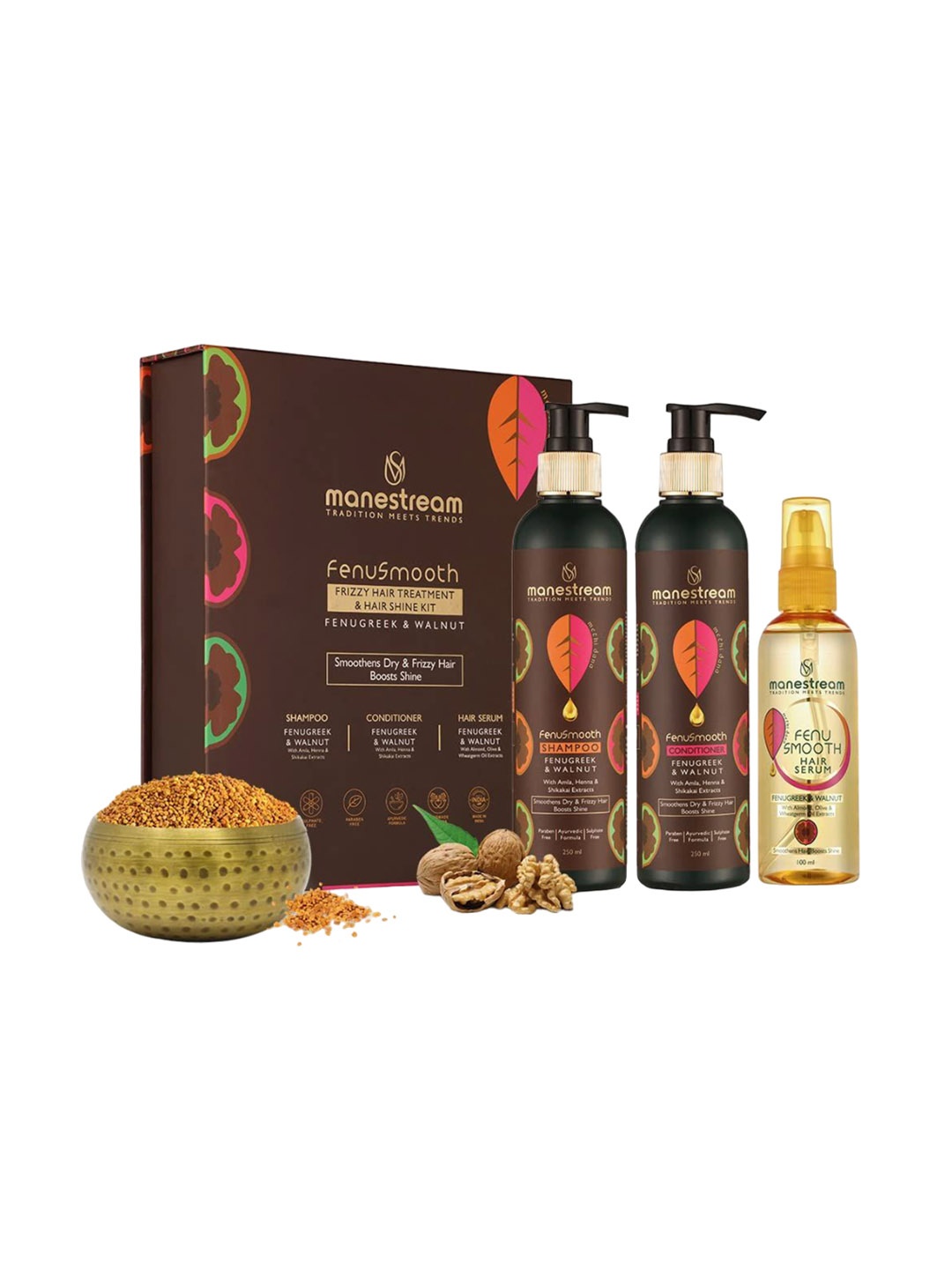 

Manestream Set Of 3 Fenusmooth Ayurvedic Treatment Shampoo & Conditioner & Serum, Burgundy