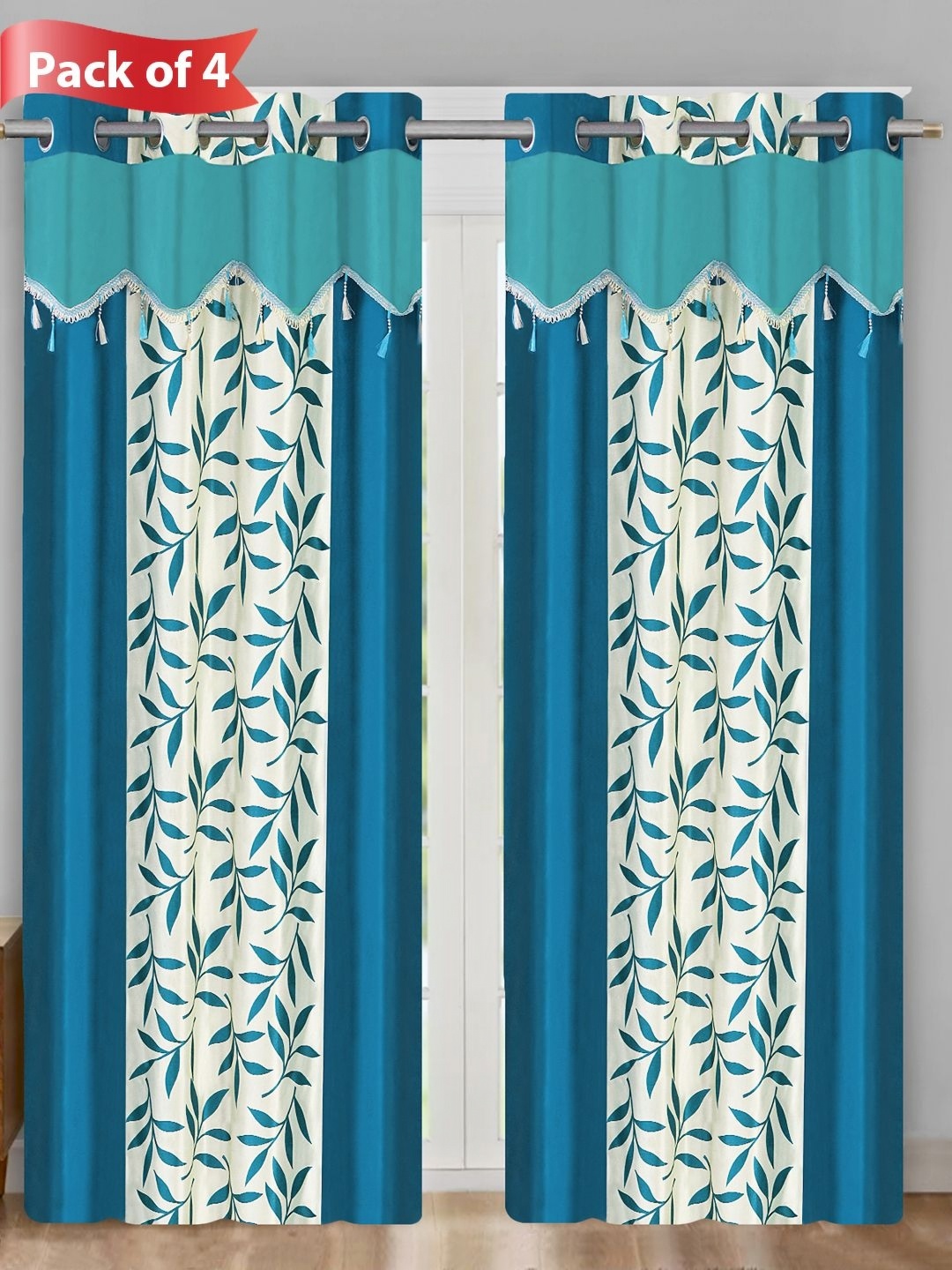 

Aura Blue & Cream Set of 4 Floral Room Darkening Door Curtains