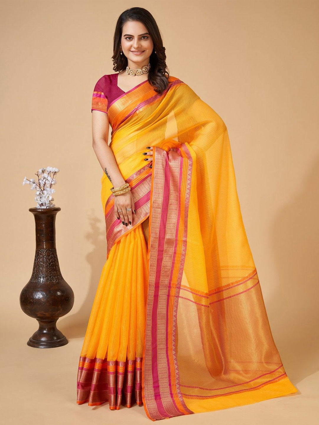 

SHOBHA SAREES Ethnic Motifs Zari Silk Cotton Kota Saree, Yellow