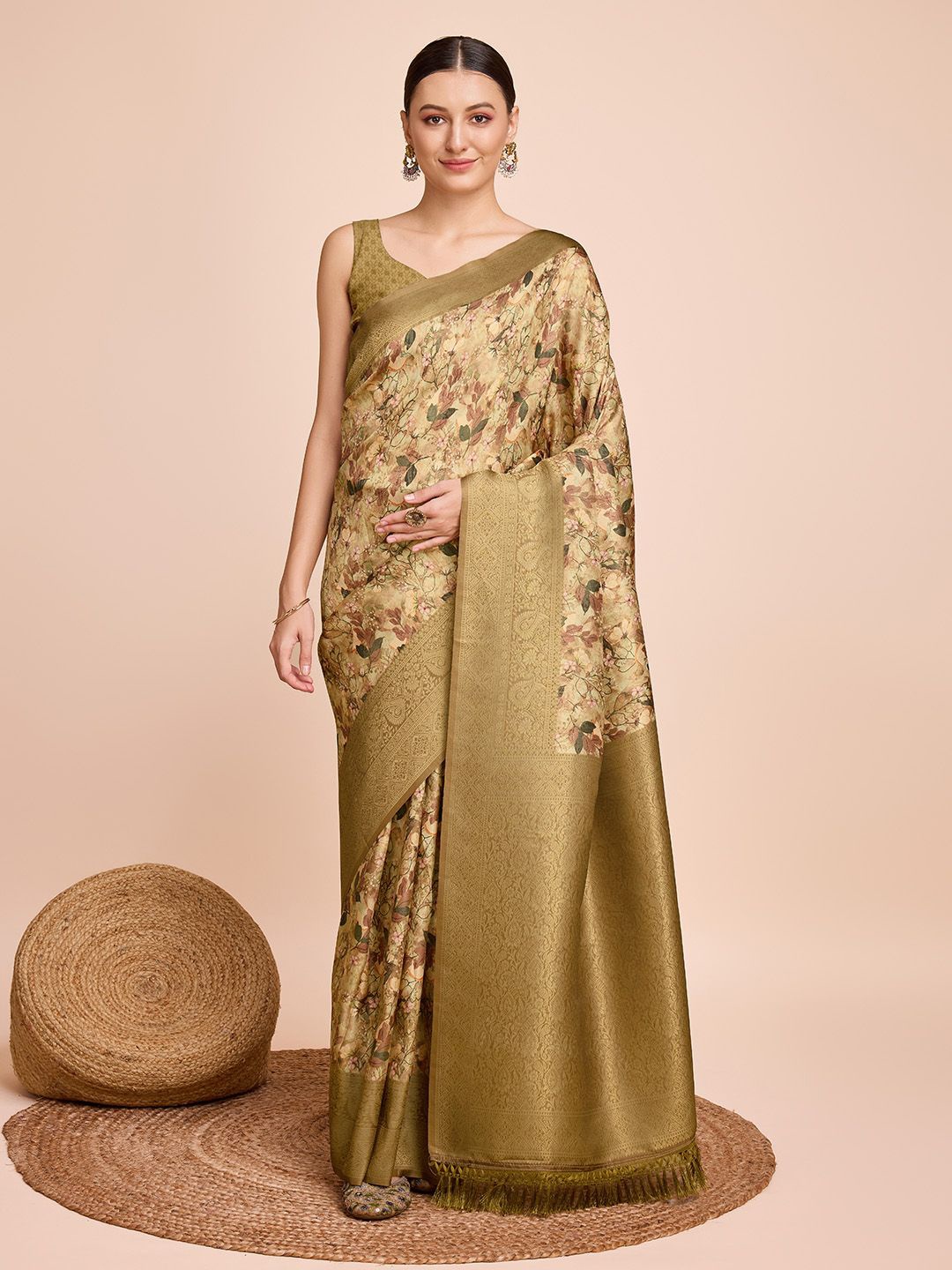 

LEOSAGI Floral Zari Pure Silk Saree, Khaki