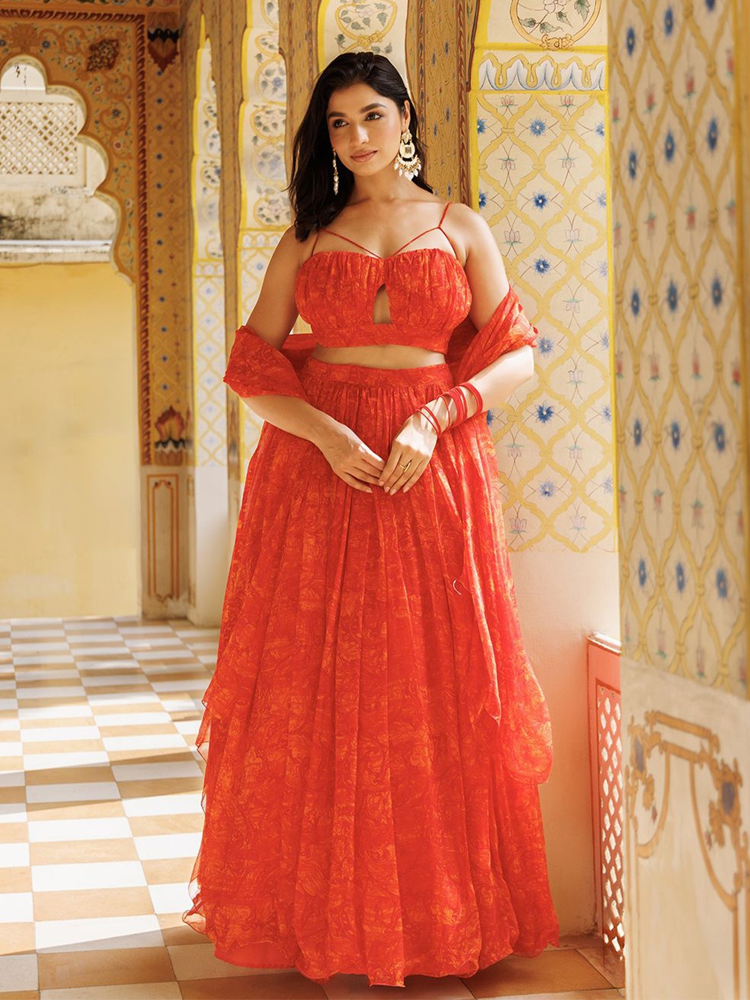 

Ragavi Printed Ready to Wear Lehenga & Blouse With Dupatta, Orange