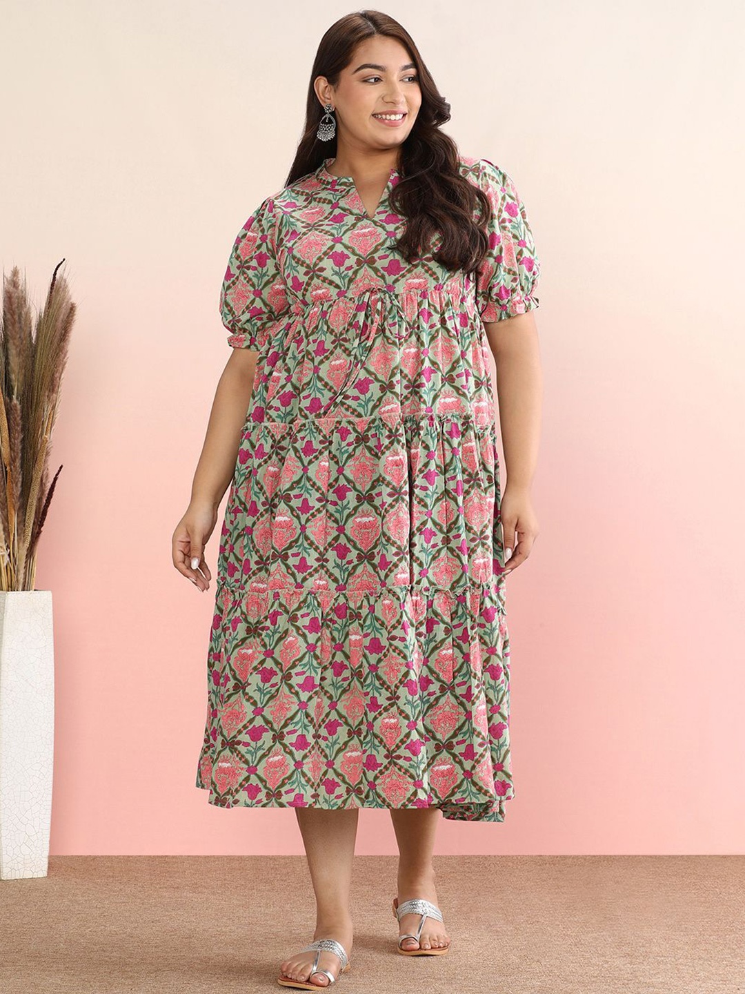 

anayna Printed Fit and Flare Midi Dress, Green