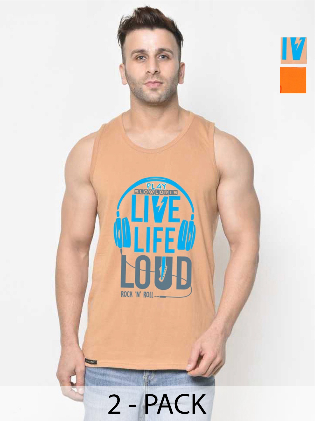 

SLOWLORIS Men Pack Of 2 Typography Printed Round Neck Cotton Slim Fit T-Shirts, Rust