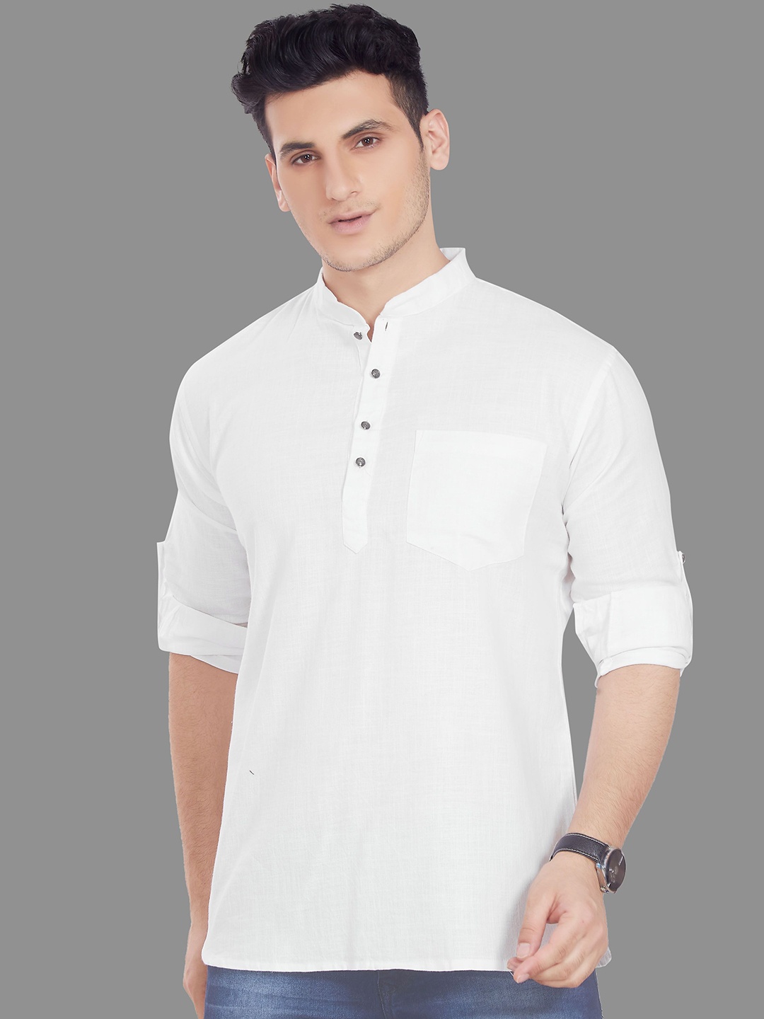 

DIVISIVE Mandarin Collar Roll-Up Sleeves Pure Cotton Straight Short Kurta, White