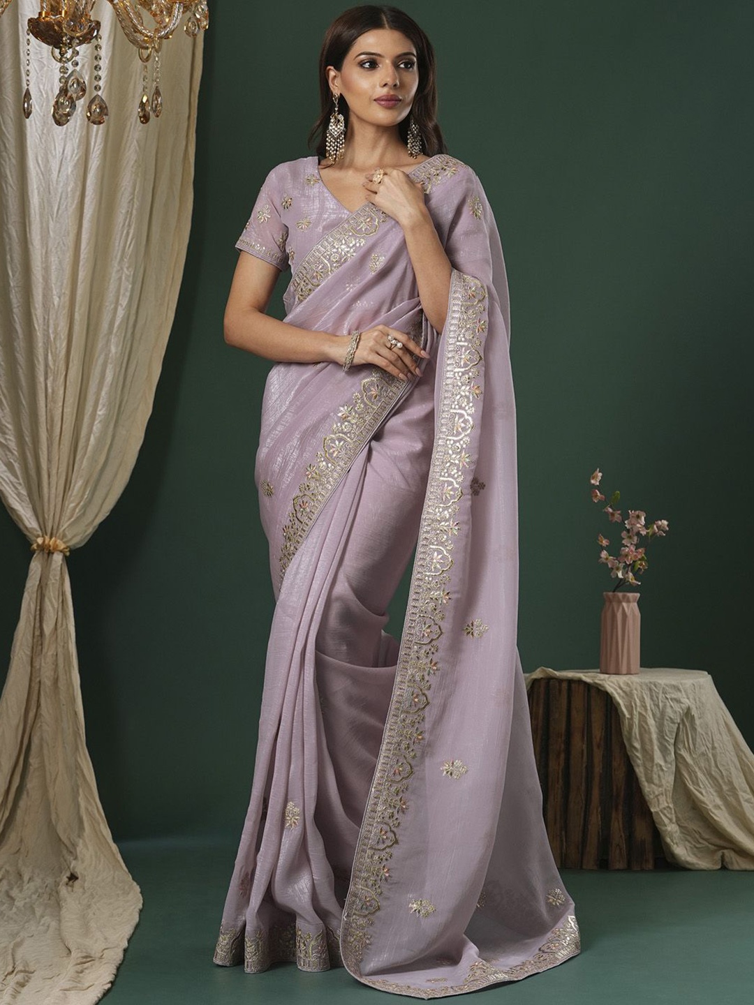 

Saree mall Embellished Embroidered Satin Sarees, Lavender