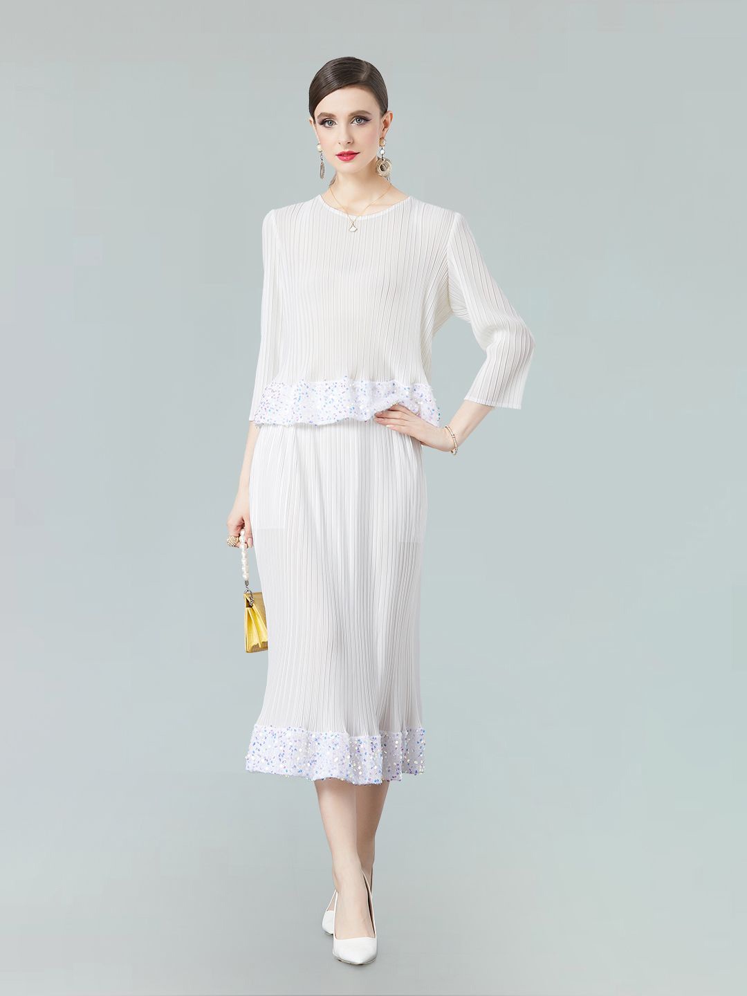 

JC Collection Self Design Three-Quarter Sleeves Casual Top With Skirt, White