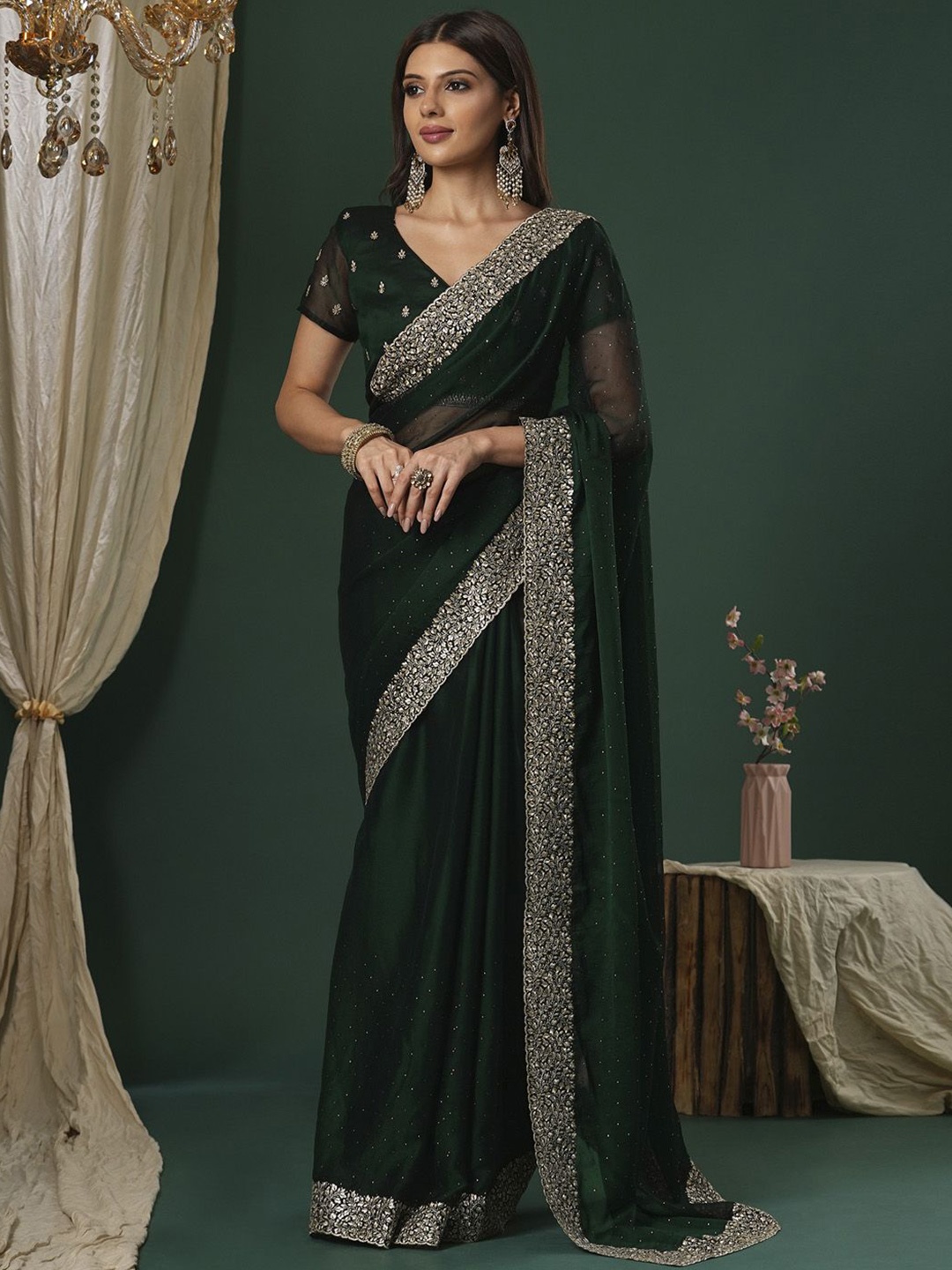 

Saree mall Embellished Beads and Stones Poly Chiffon Sarees, Green