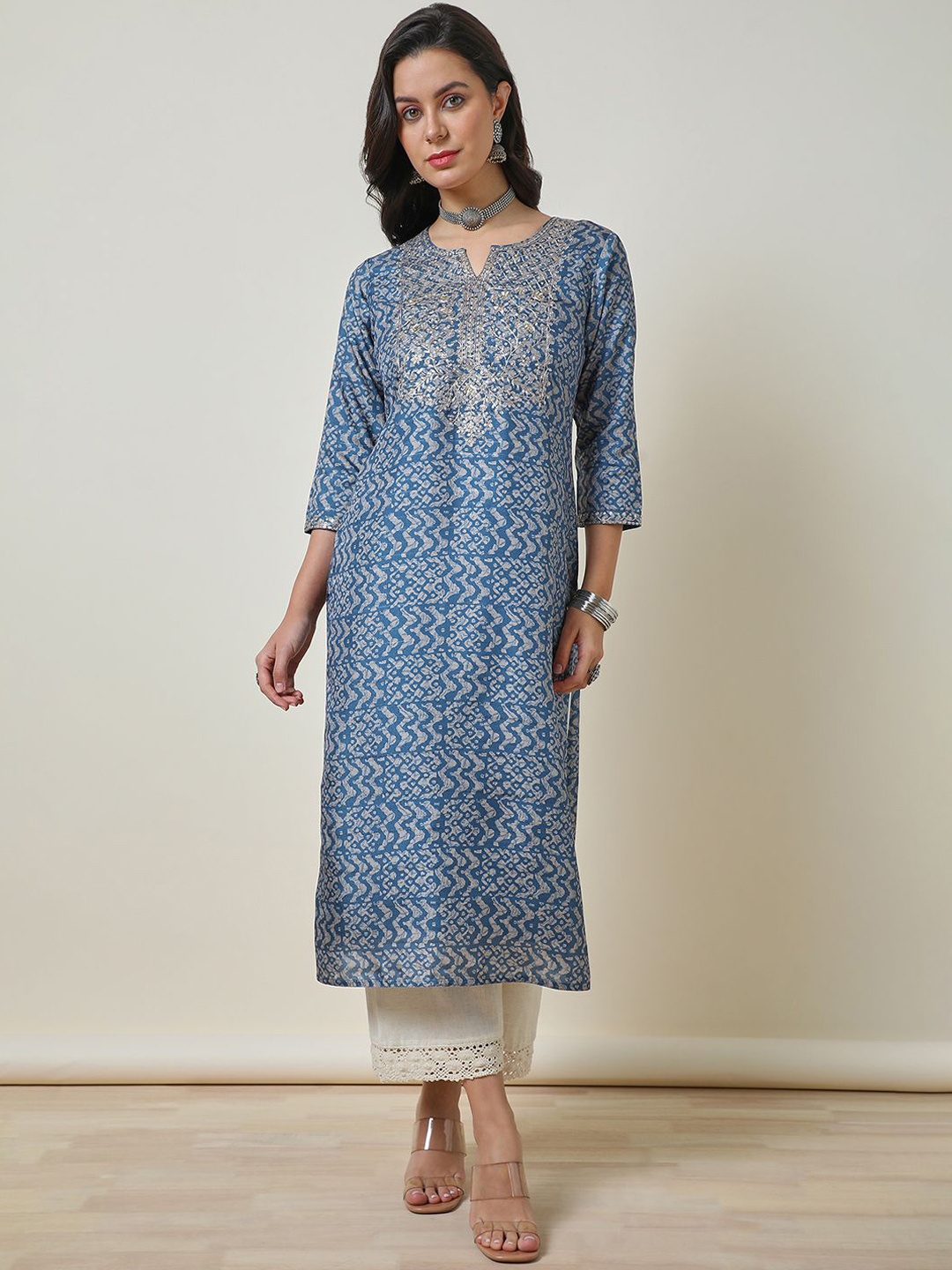 

Soch Blue Abstract Printed Notched Round Neck Sequinned Straight Kurta