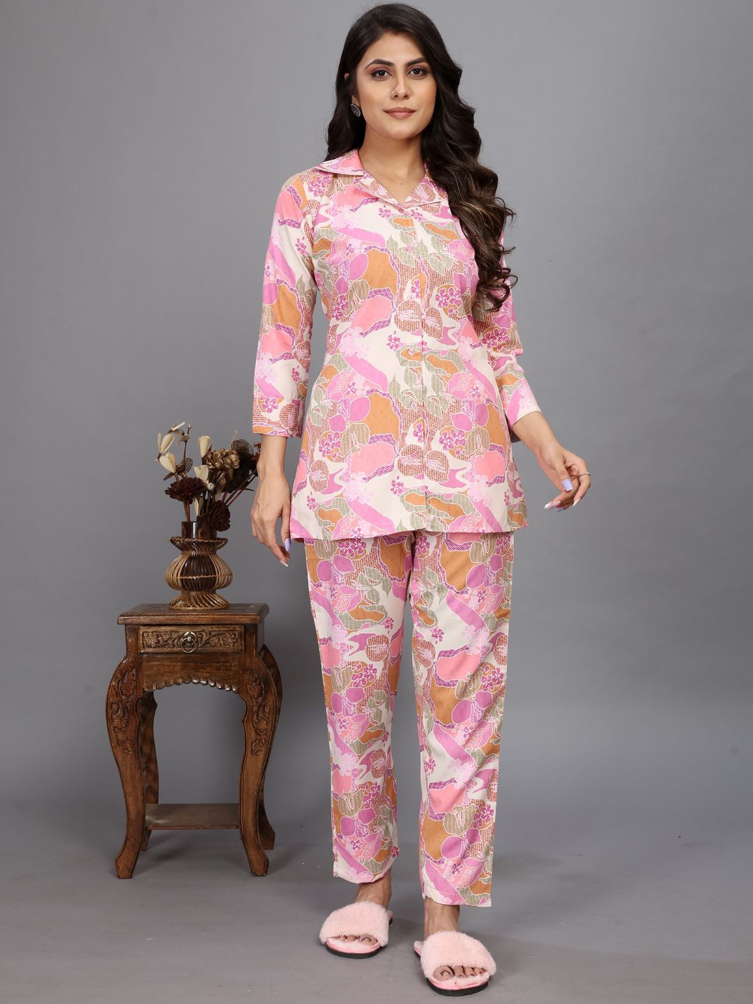 

TIKODI Printed Shirt & Pant Night Suit, Pink