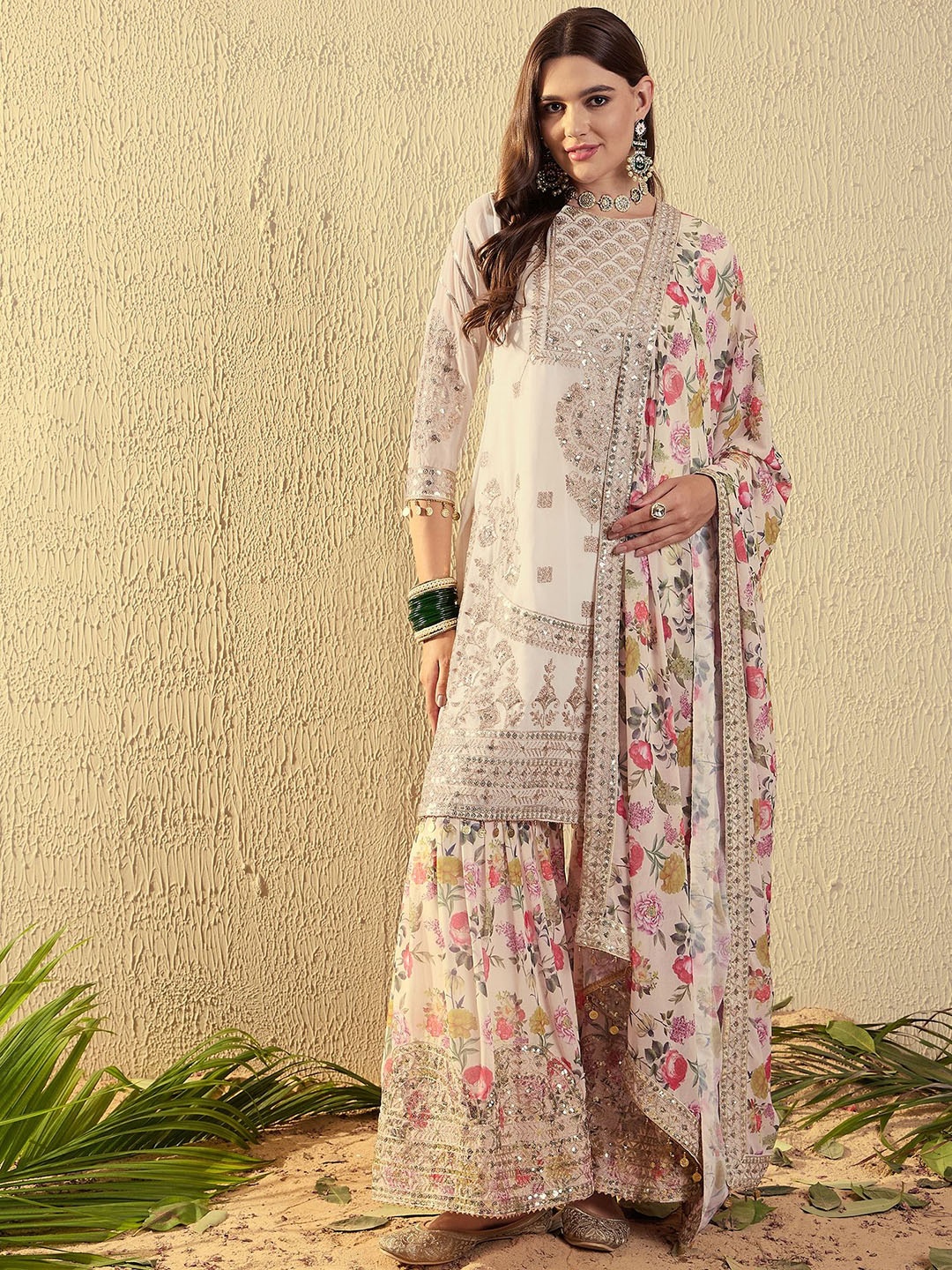 

SERONA FABRICS Floral Embroidered Sequinned Straight Kurta with Sharara & Dupatta, Off white