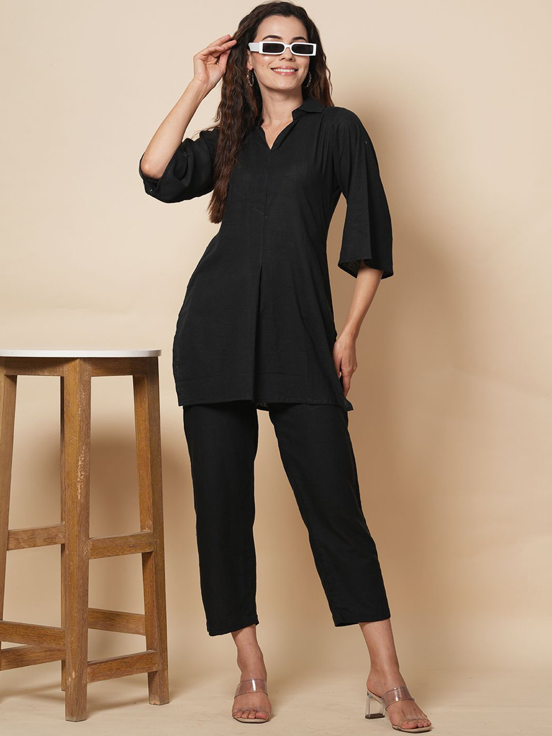 

LABEL KRISHA Pure Cotton Top With Trouser Co-Ords, Black