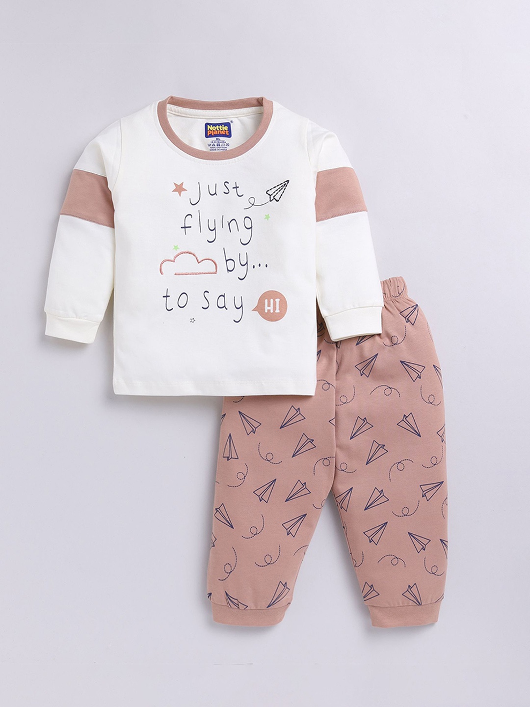 

Nottie Planet Boys Printed Round Neck Pure Cotton T-shirt With Jogger, Brown