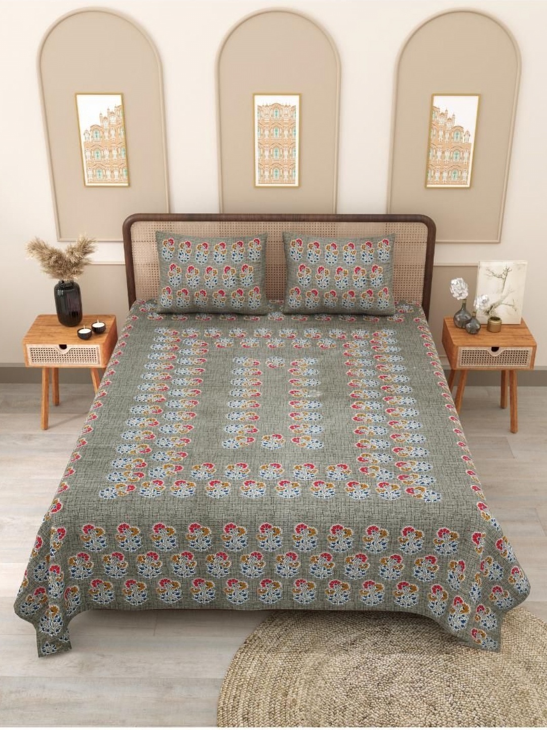 

Block Print Story Grey & Blue Floral 210 TC Queen Bedsheet with 2 Pillow Covers