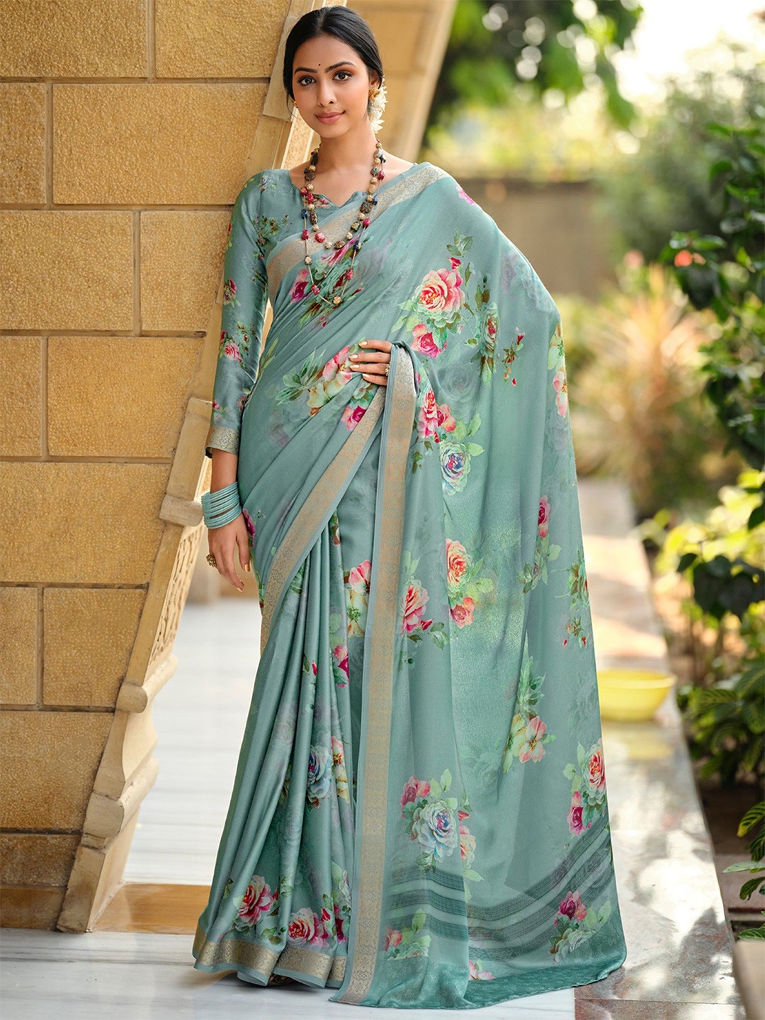 

Mitera Printed Floral Zari Satin Saree, Turquoise blue