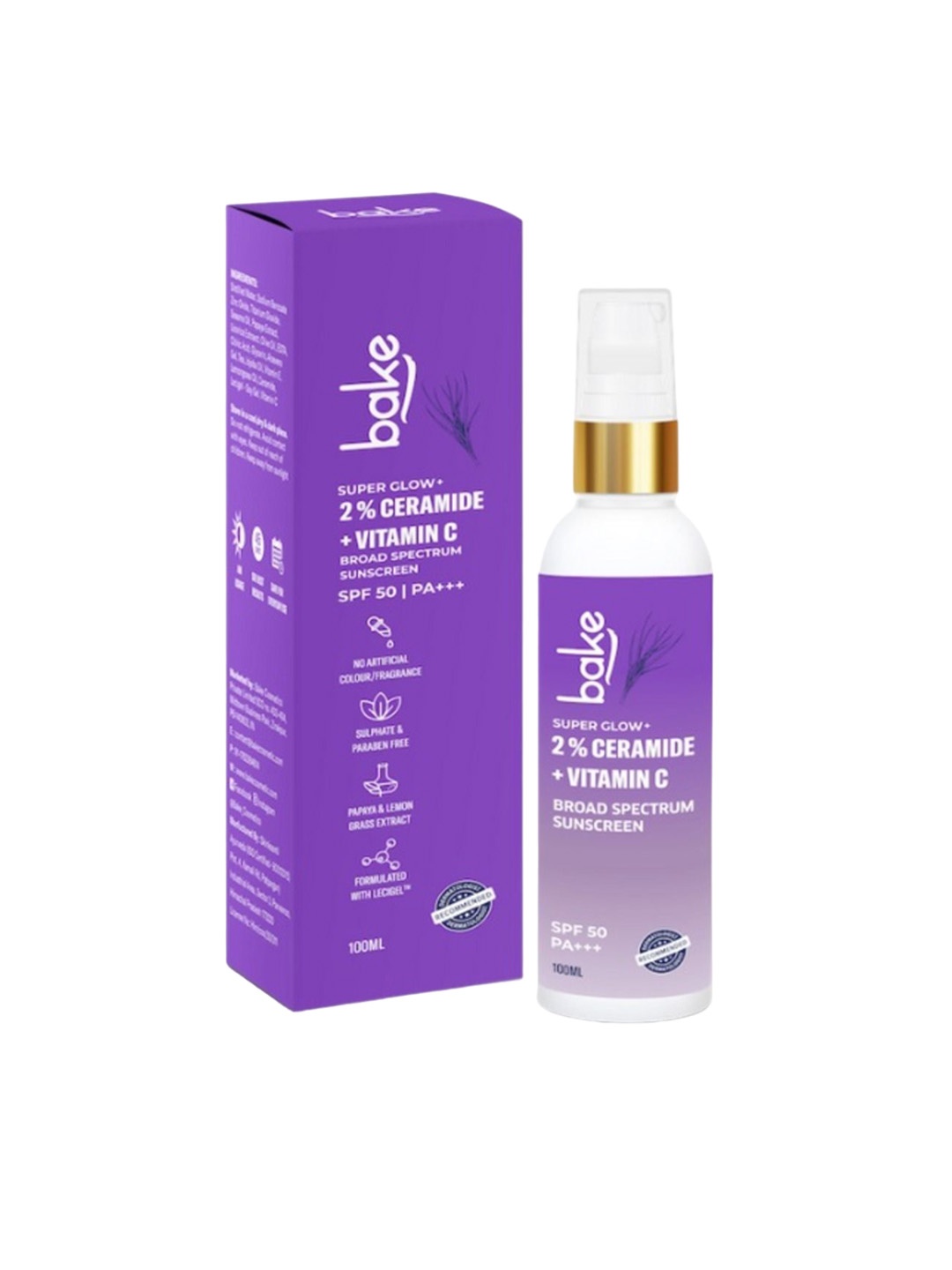

BAKE Super Glow 2% Ceramide With Vitamin C SPF 50 PA+++ Broad Spectrum Sunscreen-100ml, Purple