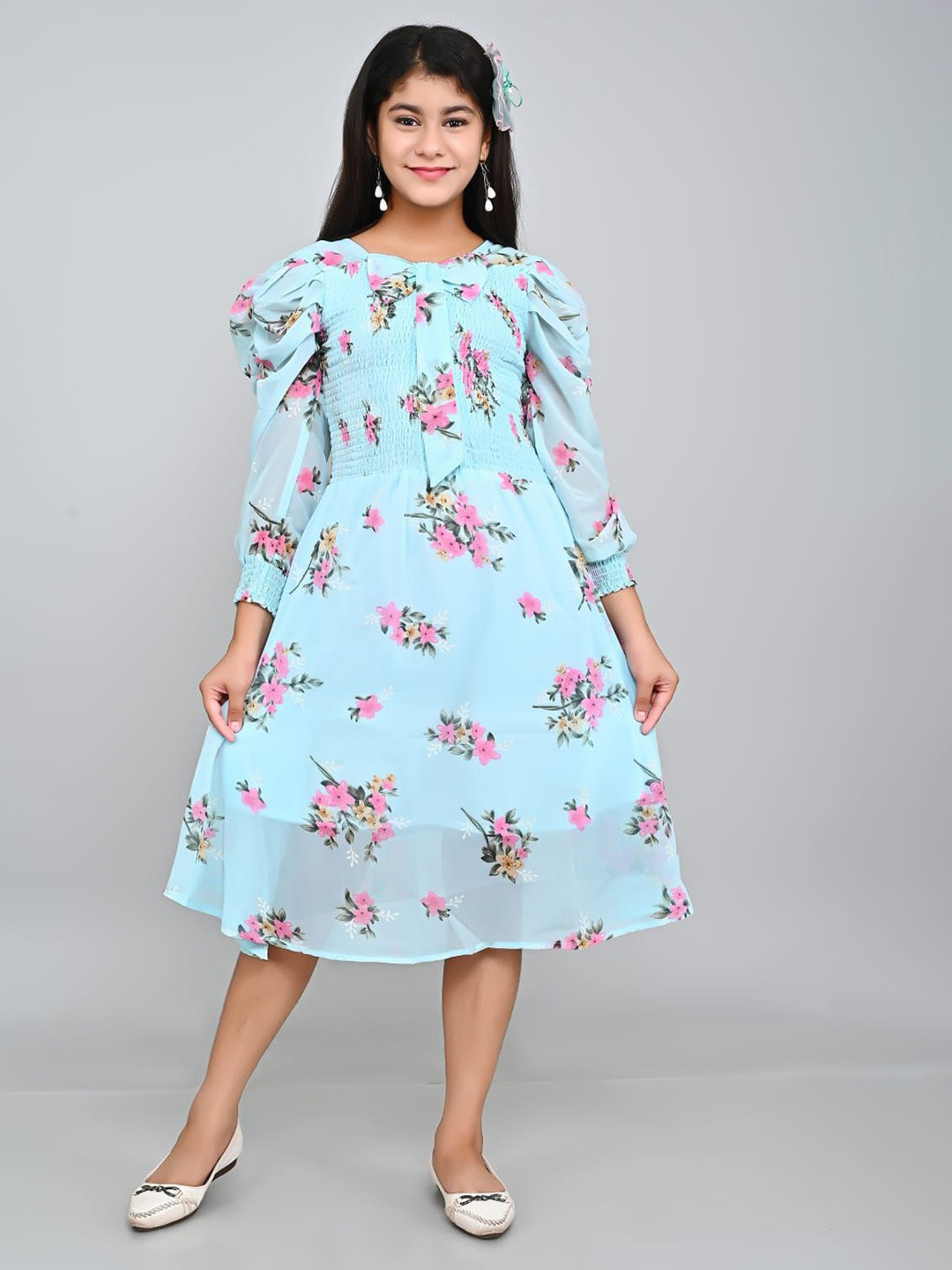 

FELLAMO Floral Print Puff Sleeve Georgette A-Line Midi Dress, Blue