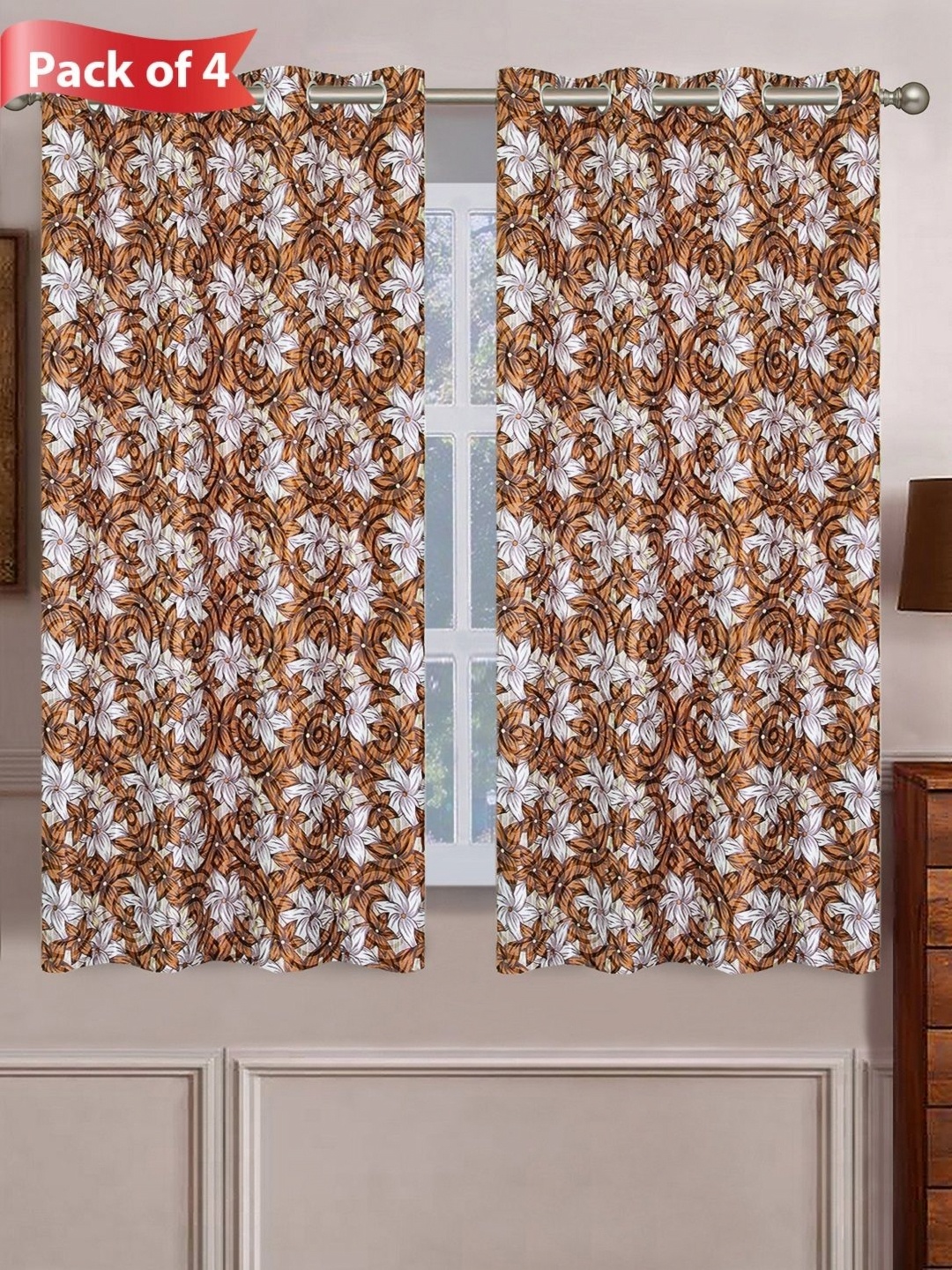 

Aura Brown & White Set of 4 Floral Window Curtains