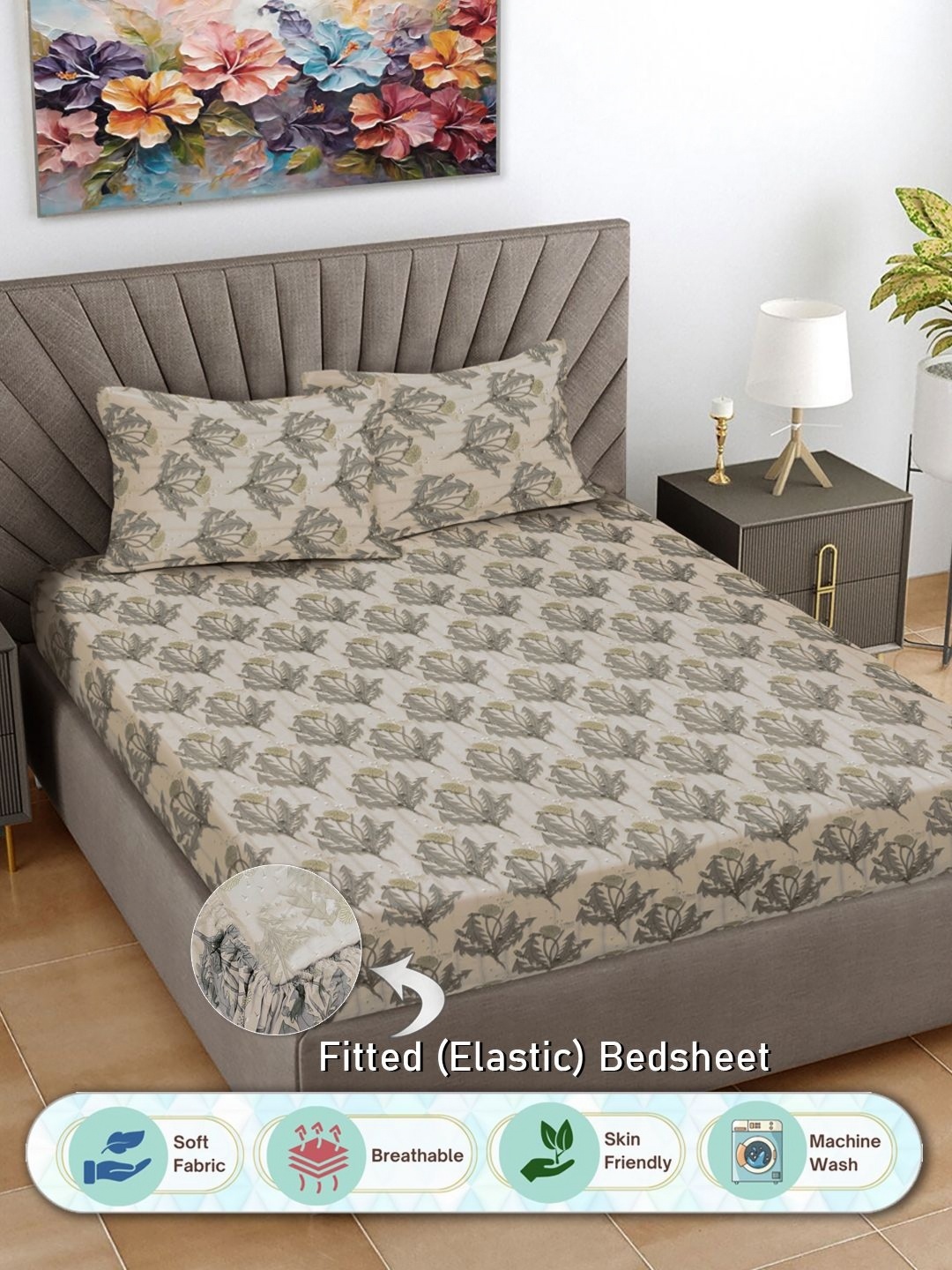

FABINALIV Beige & Grey Floral 300 TC King Bedsheet with 2 Pillow Covers