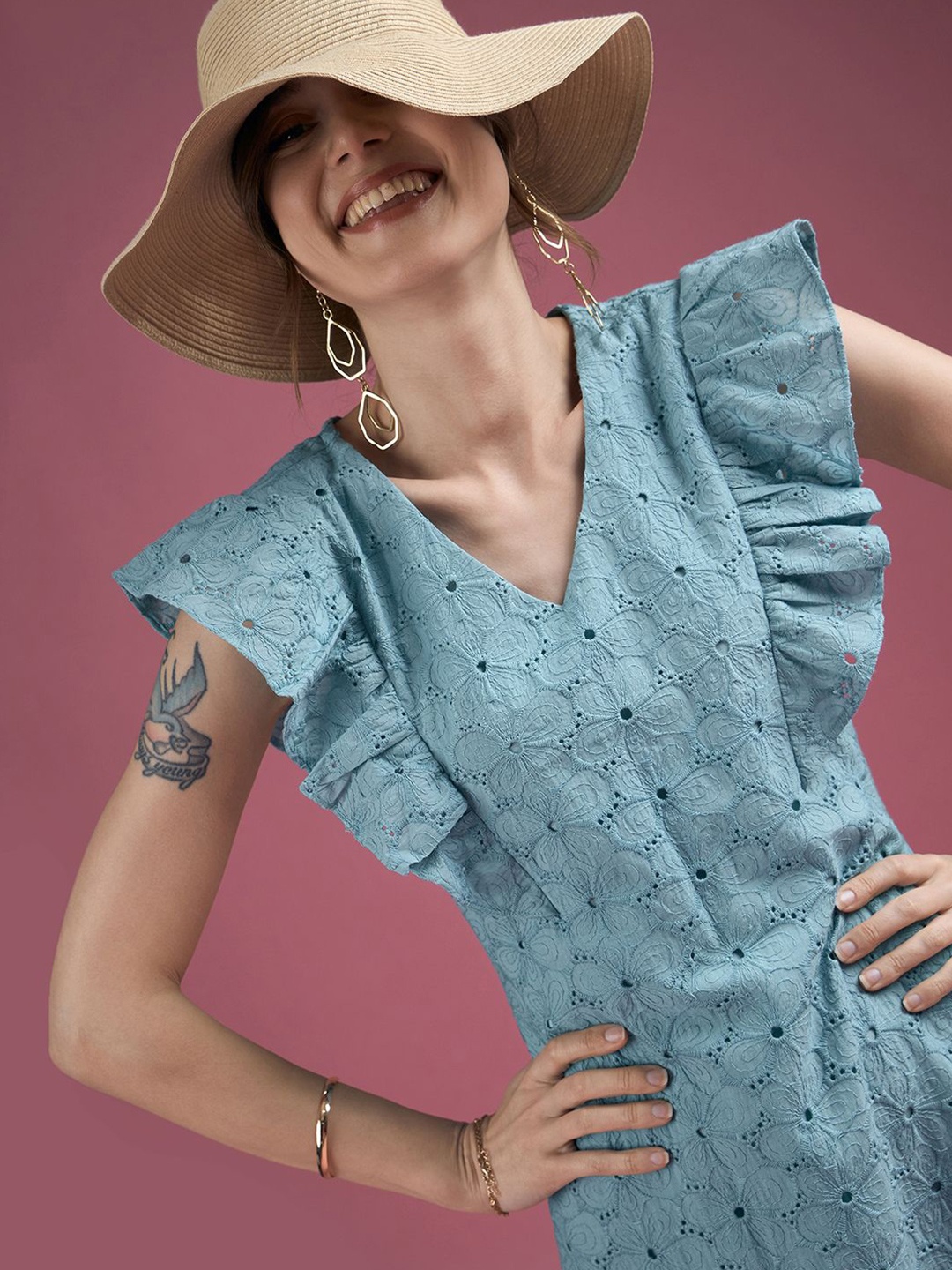 

DressBerry Self Design Cotton Flutter Sleeves Ruffled A-Line Dress, Blue