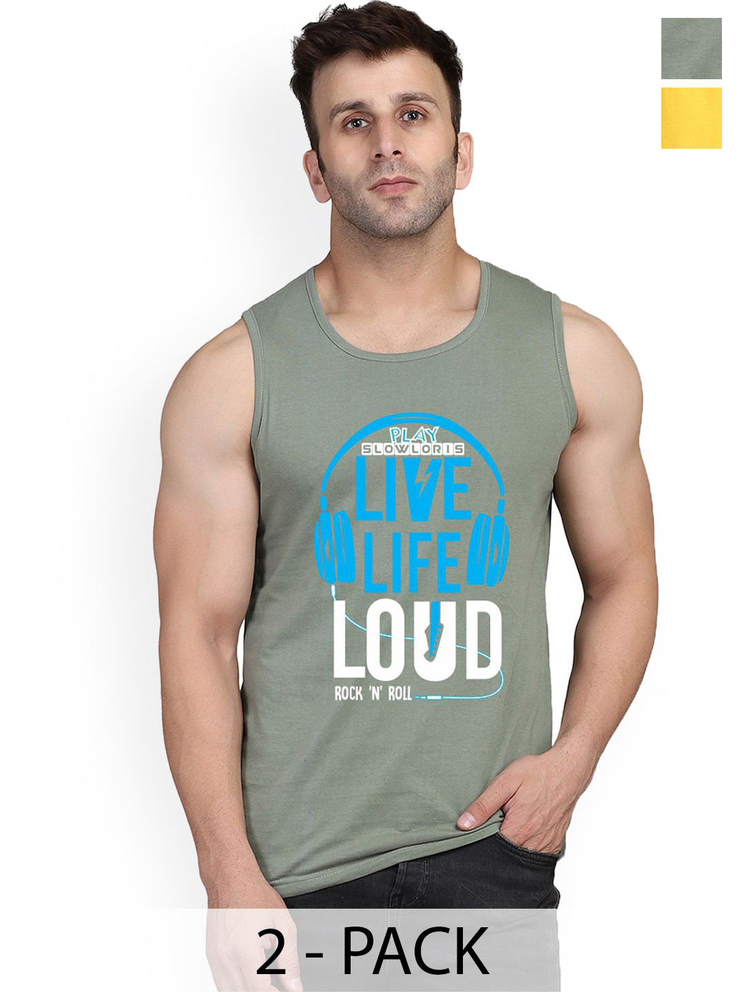 

SLOWLORIS Combo Pack Of 2 Printed Gym Vests, Green