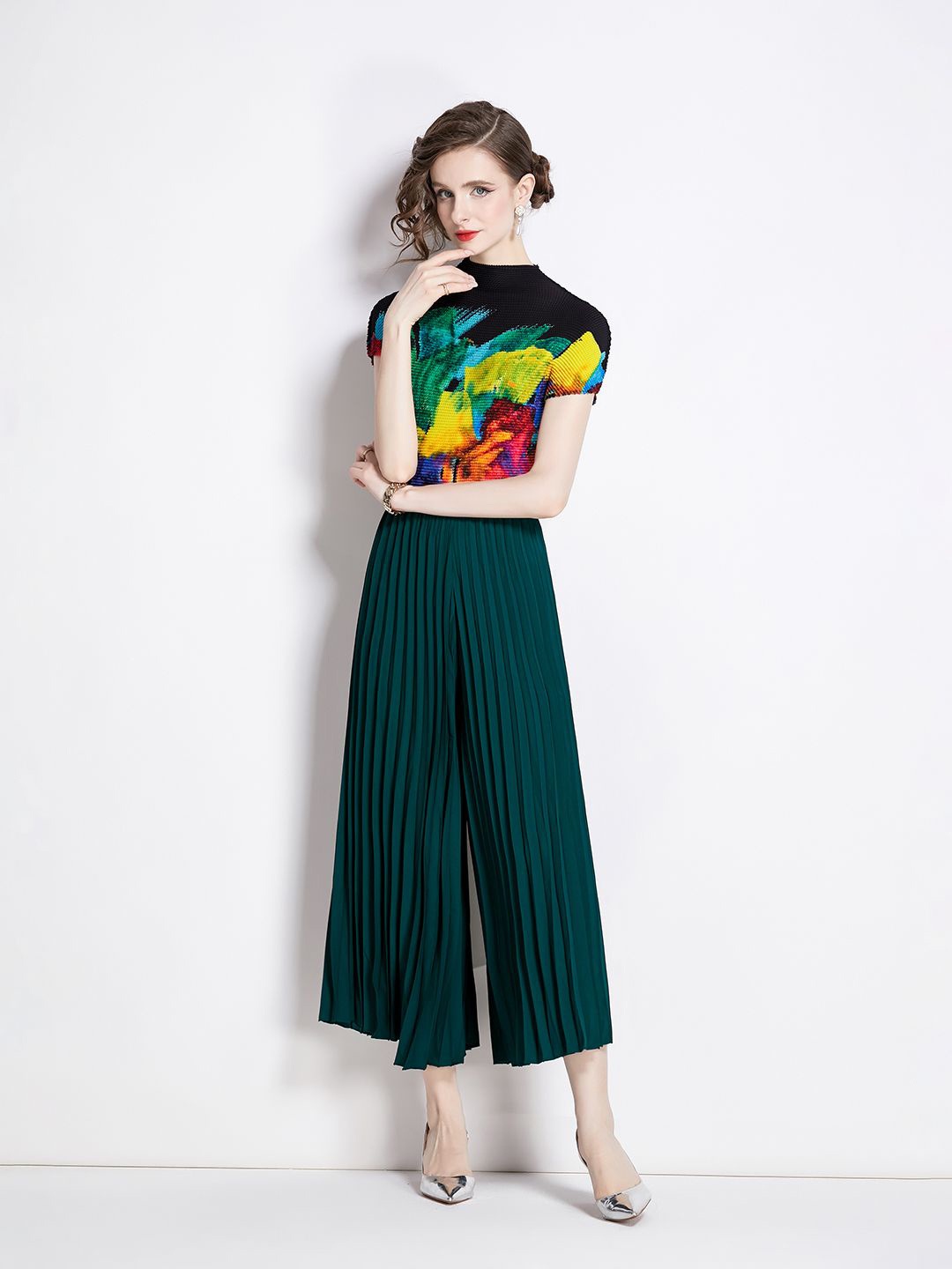 

JC Collection Abstract Printed High Neck Casual Top With Palazzos, Green