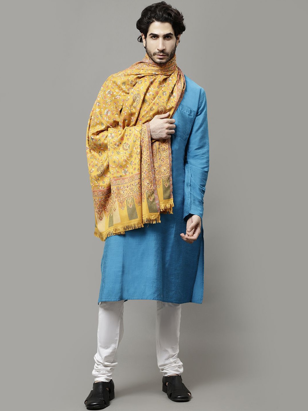 

WEAVERS VILLA Men Floral Woven Design Shawl, Mustard