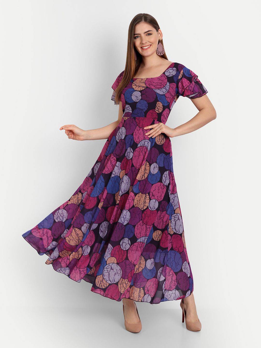 

Dhwanit Ethnic Motifs Printed Square Neck Flared Sleeves Kurti, Purple