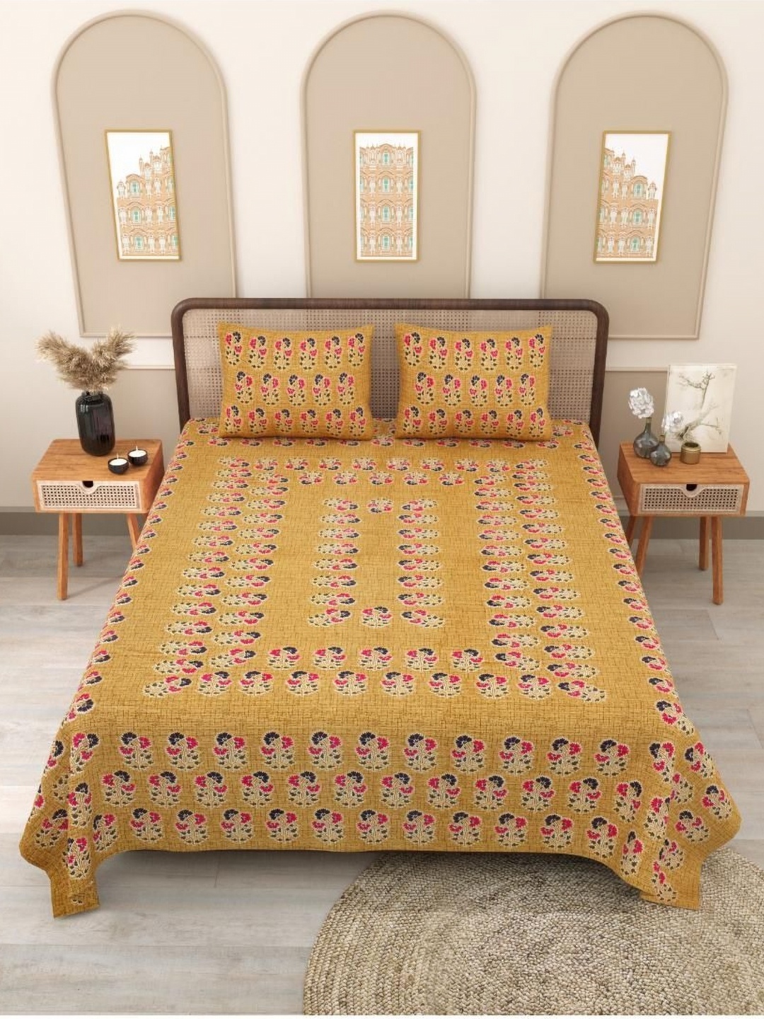 

Block Print Story Brown & Green Floral 210 TC Queen Bedsheet with 2 Pillow Covers