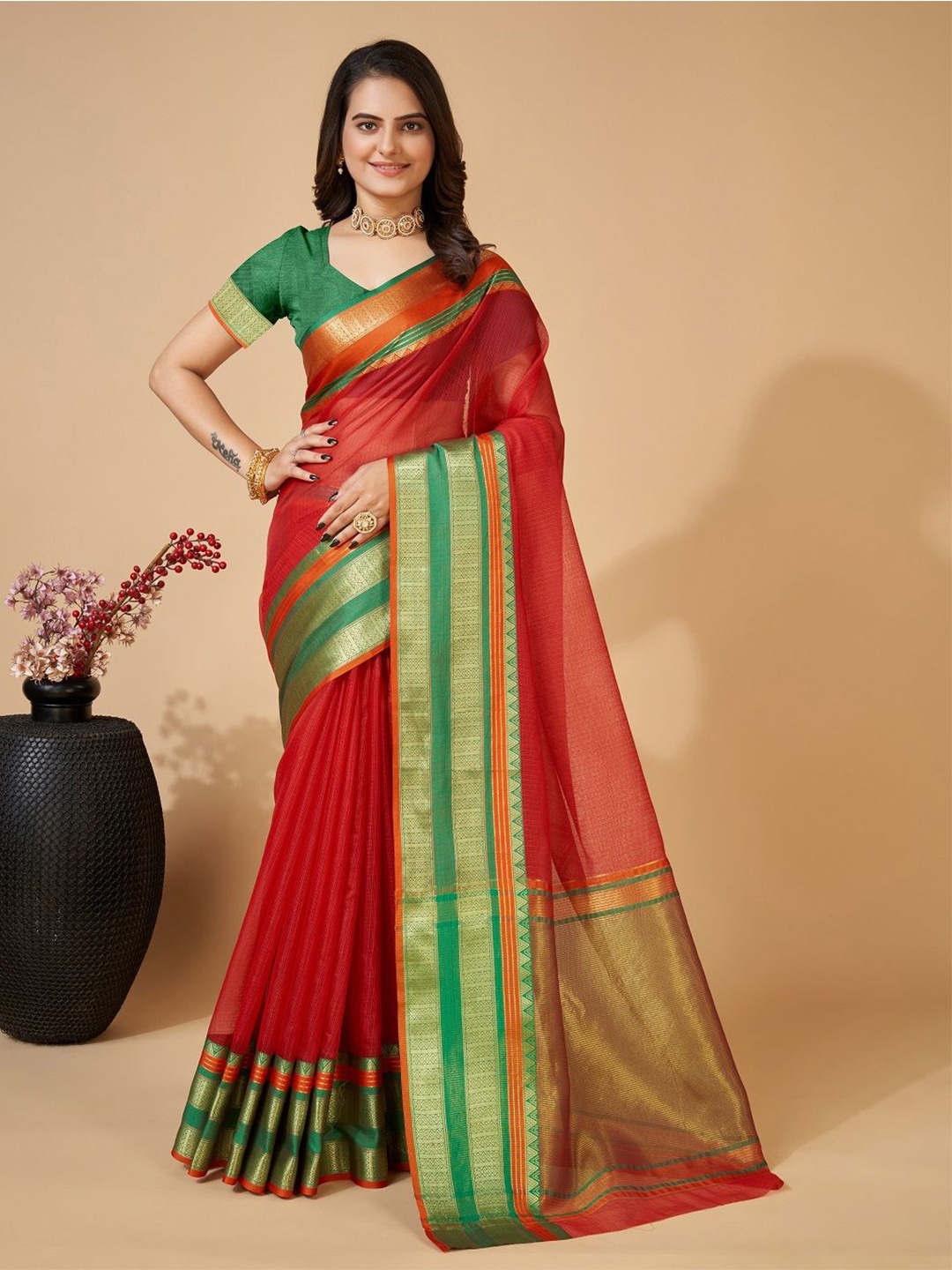 

SHOBHA SAREES Woven Design Zari Silk Cotton Kota Saree, Red