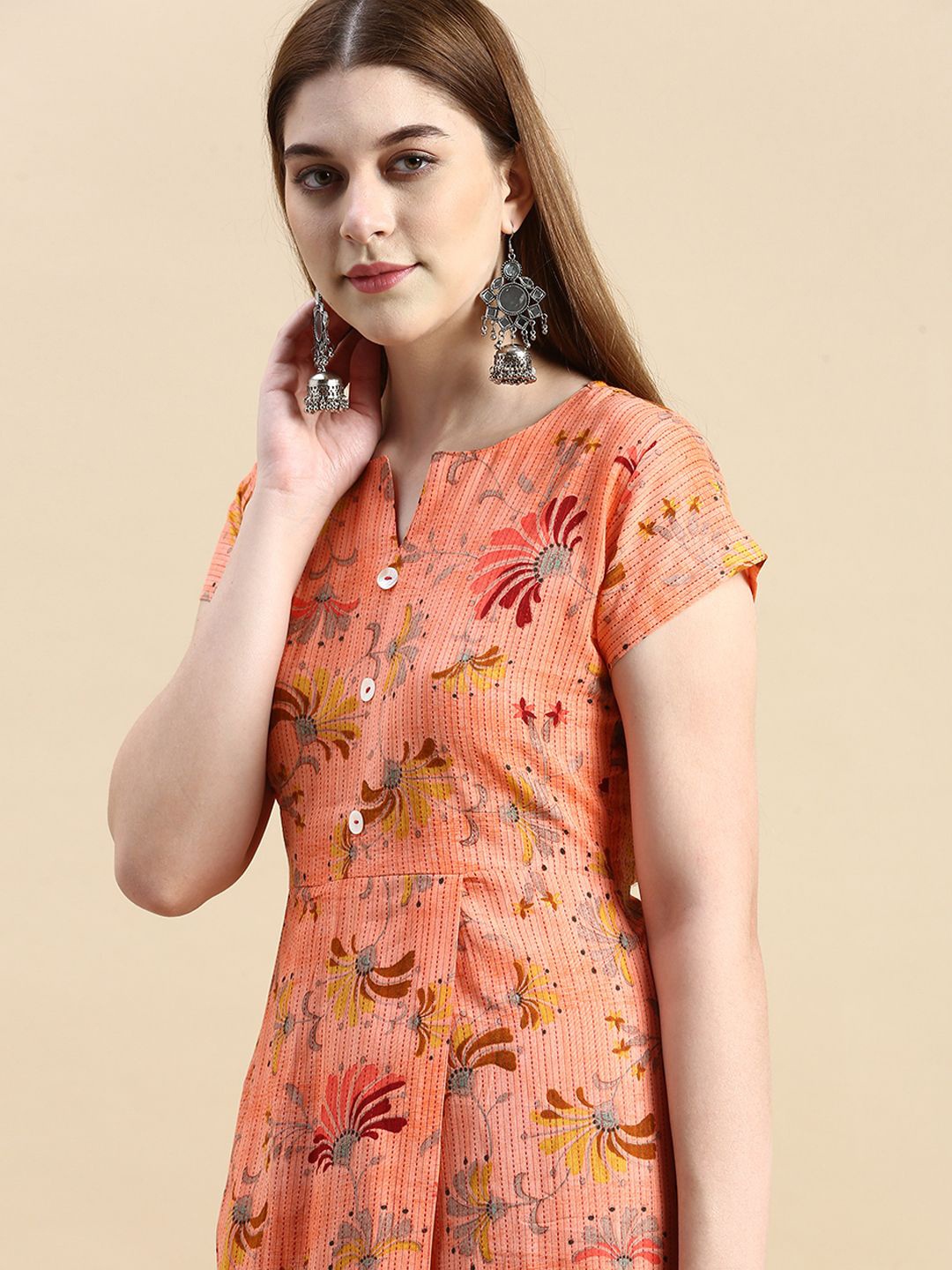 

GRANTH FASHION Floral Printed Short Sleeve Below Knee A line V Neck Kurta, Orange