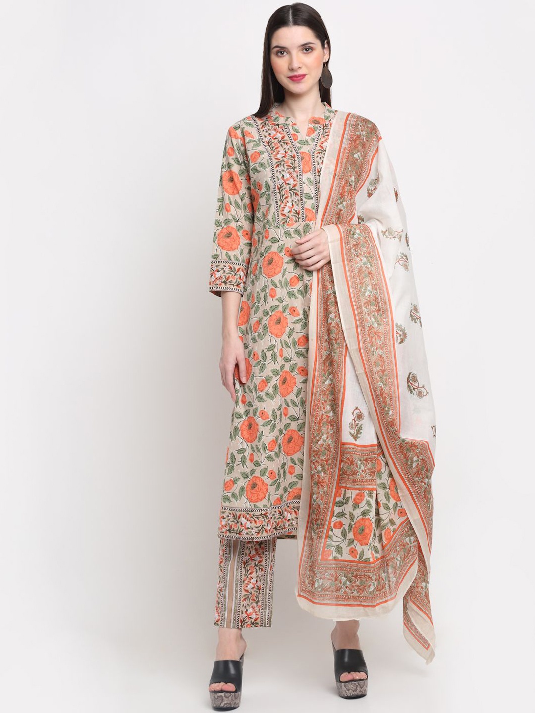 

KALINI Floral Printed Mandarin Collar Cotton A-Line Kurta With Dupatta, Beige