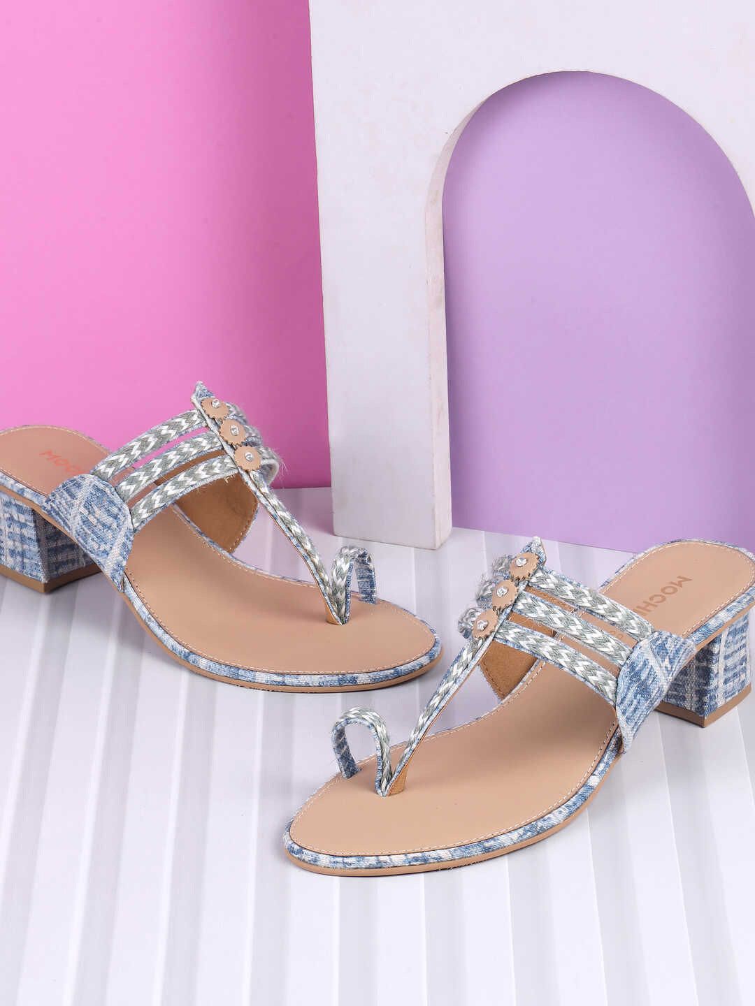 

Mochi Women Woven Design Block Heel Sandals, Blue