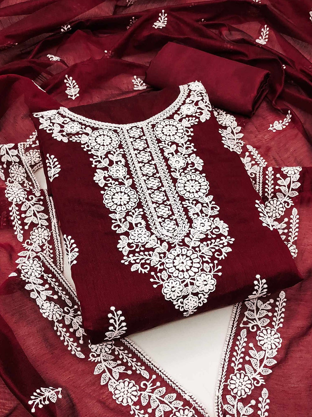 

Peachmode Embroidered Unstitched Dress Material, Maroon