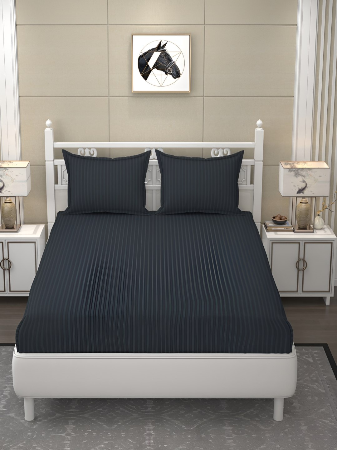 

B' Decorlish Charcoal Striped 210 TC Satin King Bedsheet With 2 Pillow Covers