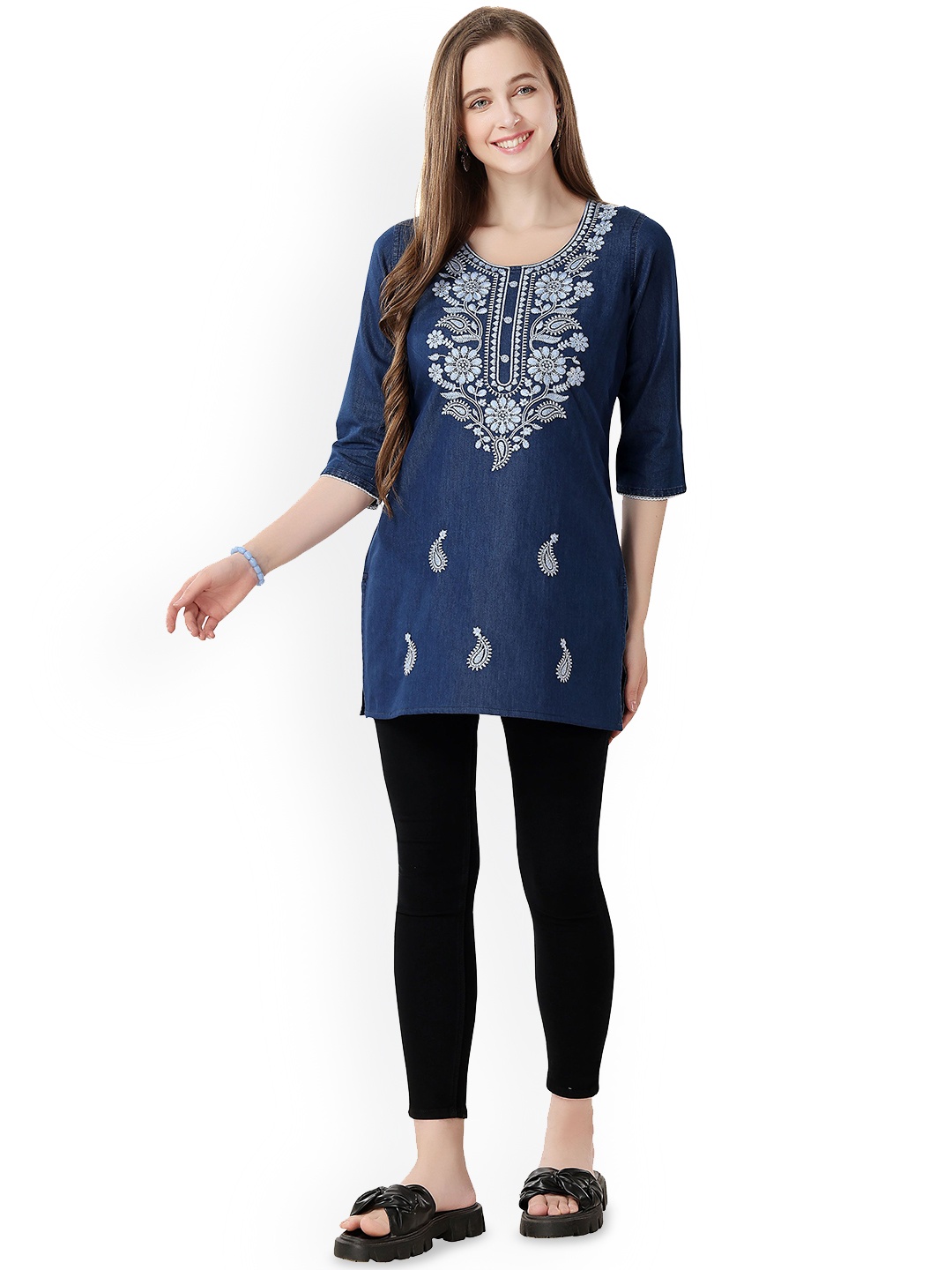 

keshubaba Ethnic Motifs Embroidered Denim Straight Kurti, Blue