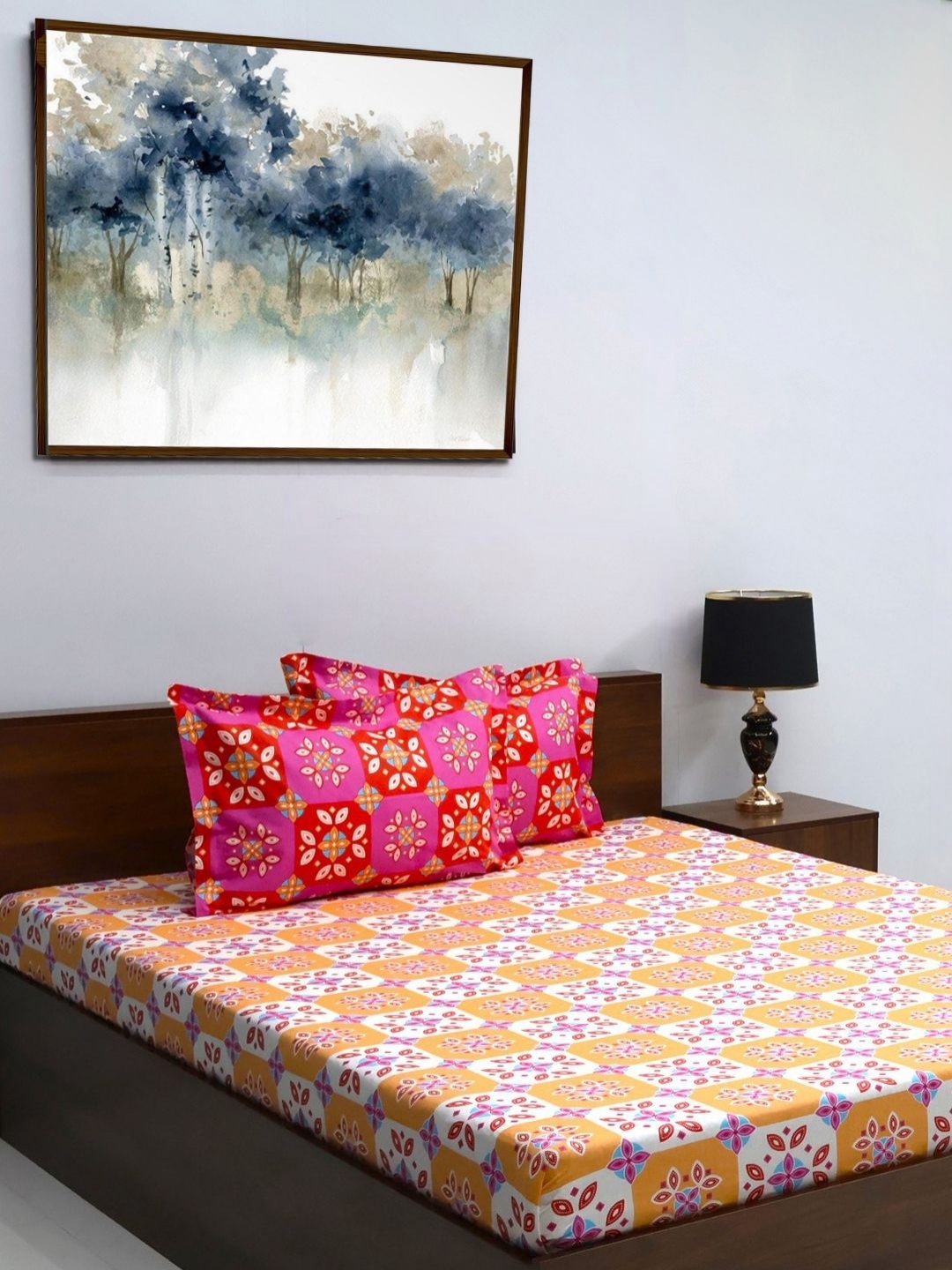 

BOMBAY DYEING Aster Orange Floral 100 TC Cotton Queen Bedsheet With 2 Pillow Covers