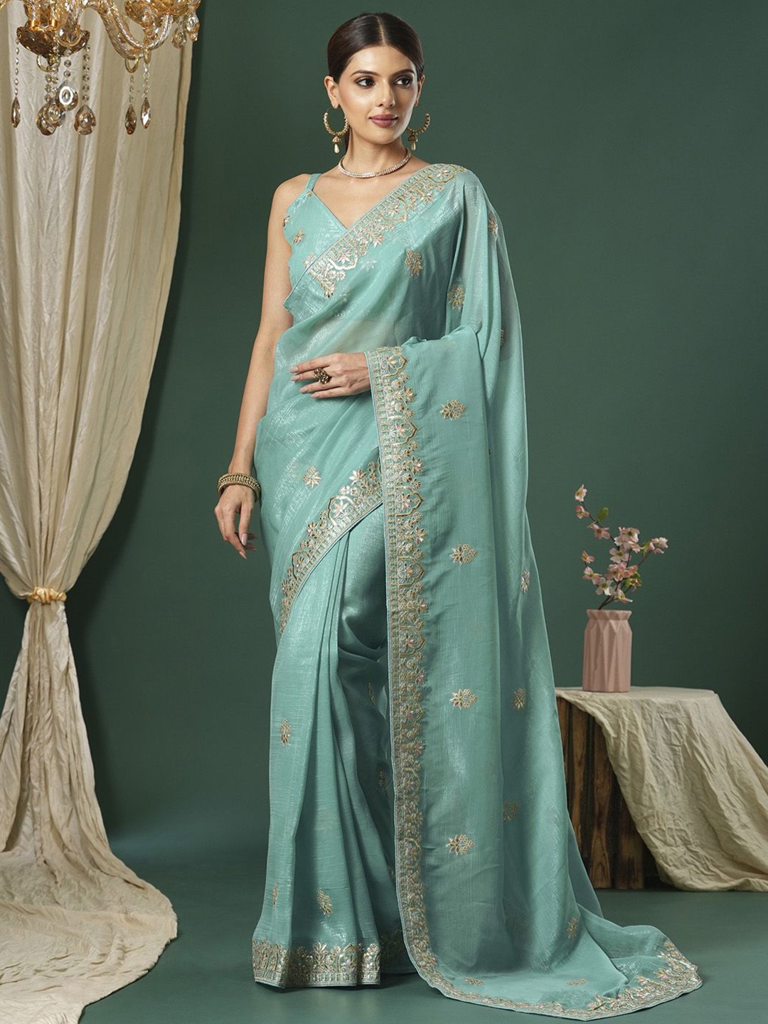 

Saree mall Embellished Gotta Patti Satin Sarees, Blue