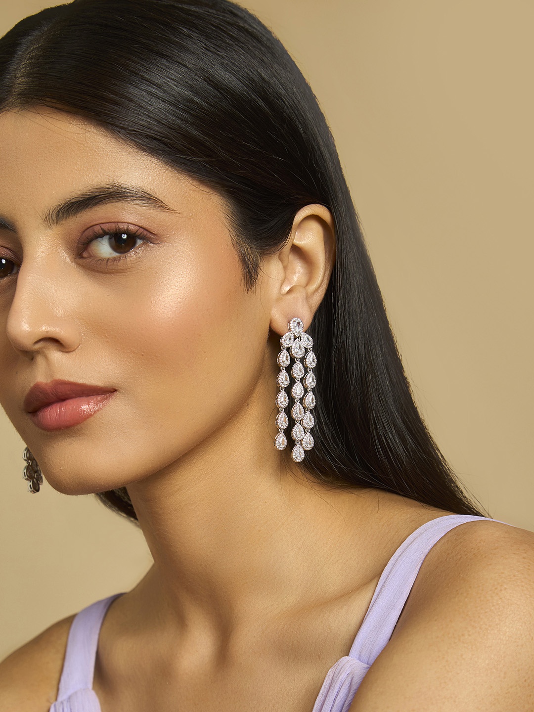 

Kushal's Fashion Jewellery Rhodium-Plated CZ Stone Studded Teardrop Shaped Drop Earrings, Silver