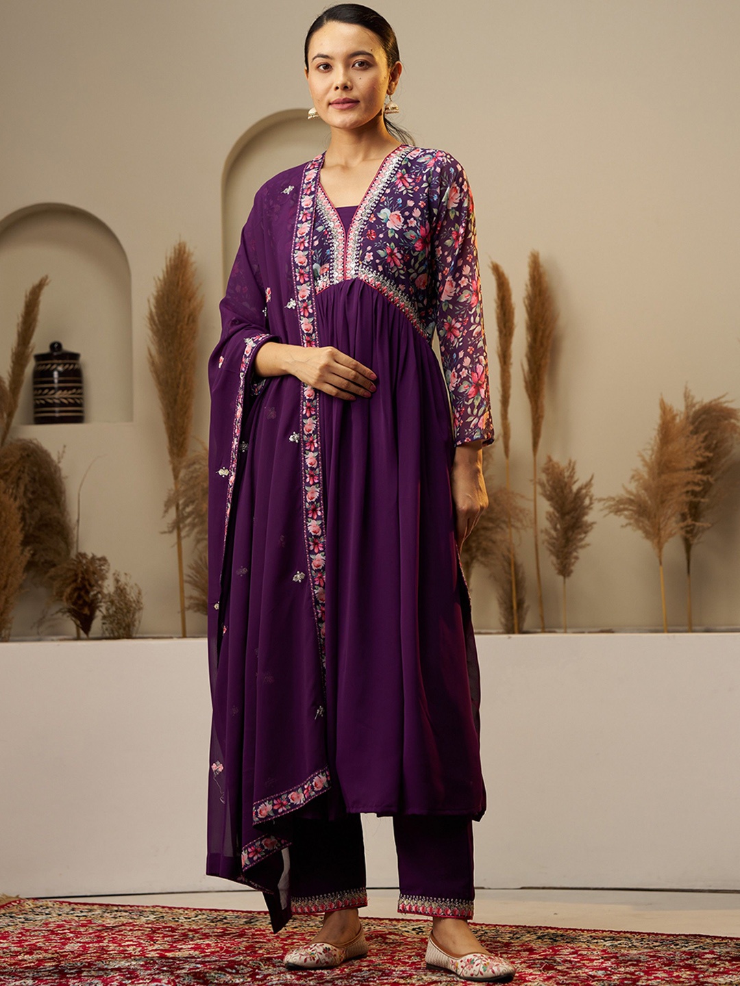 

KALINI Floral Printed Empire Thread Work Anarakali Kurta With Trousers & Dupatta, Purple