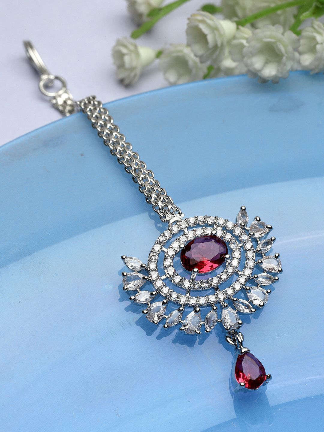 

ZENEME Rhodium-Plated American Diamond Studded Maang Tikka, Silver