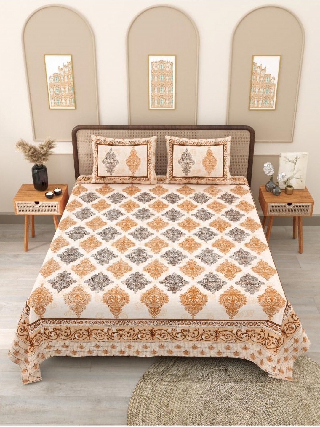 

Block Print Story Brown & Rust Ethnic Motifs 210 TC Queen Bedsheet with 2 Pillow Covers