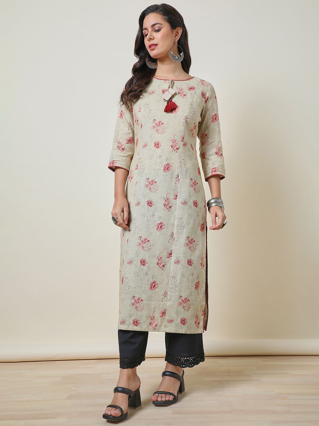 

Soch Beige Floral Printed Boat Neck Panelled Pure Linen Straight Kurta