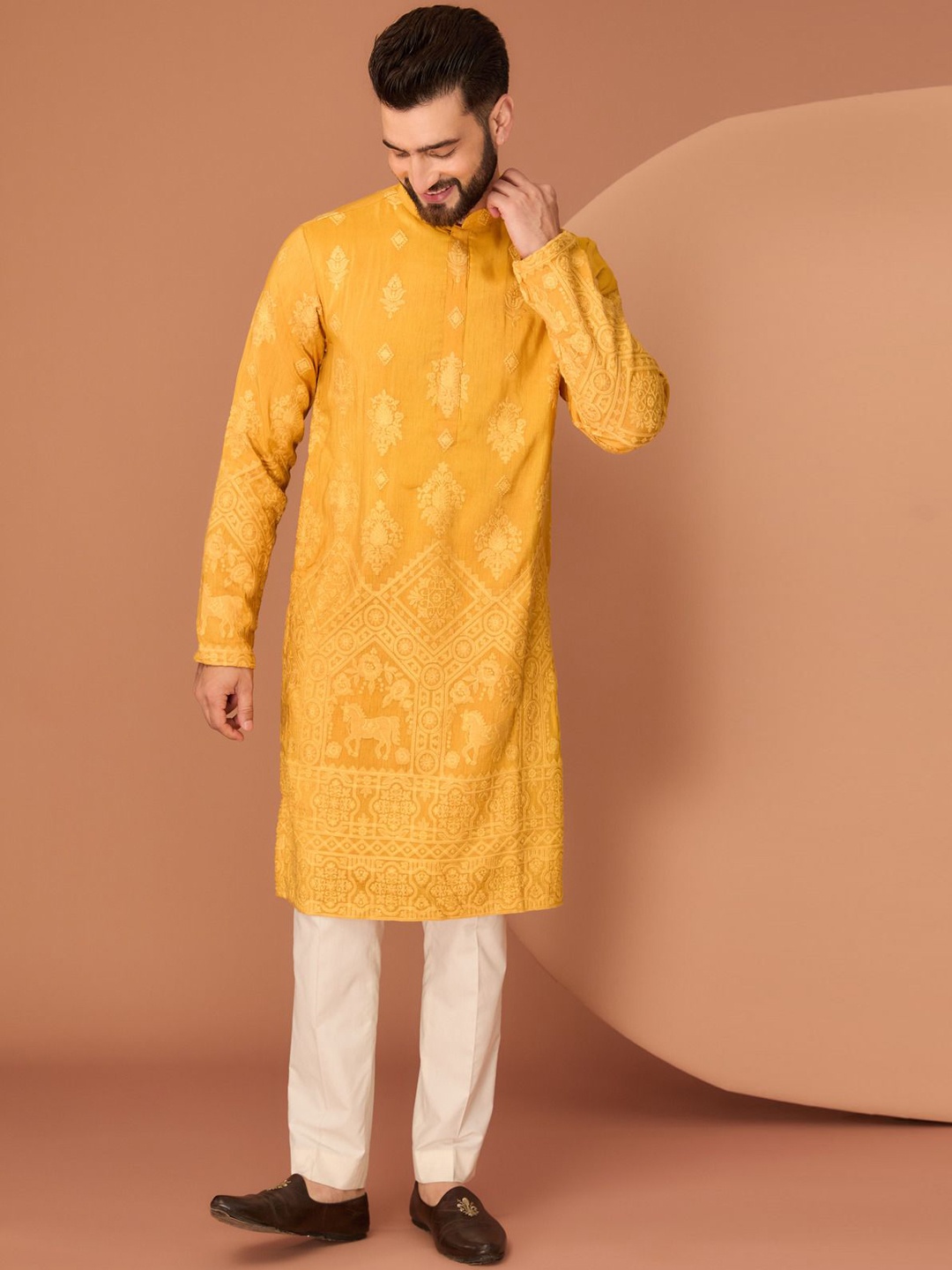 

KASBAH CLOTHING NISHCHAIY SAJDEH Floral Woven Design Silk Straight Kurta, Yellow