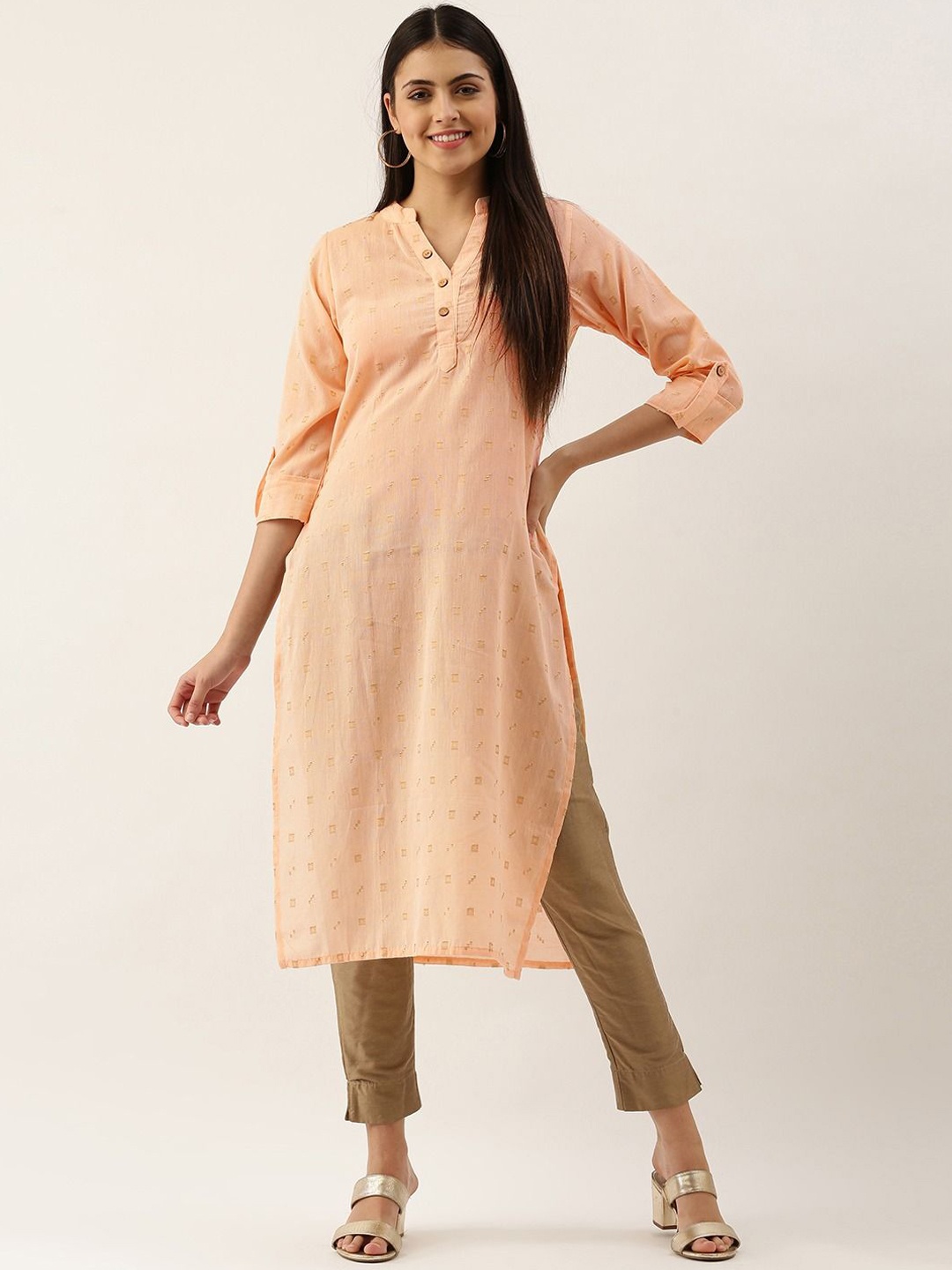 

Shaily Peach Coloured Geometric Woven Design Mandarin Collar Roll Up Sleeves Kurta