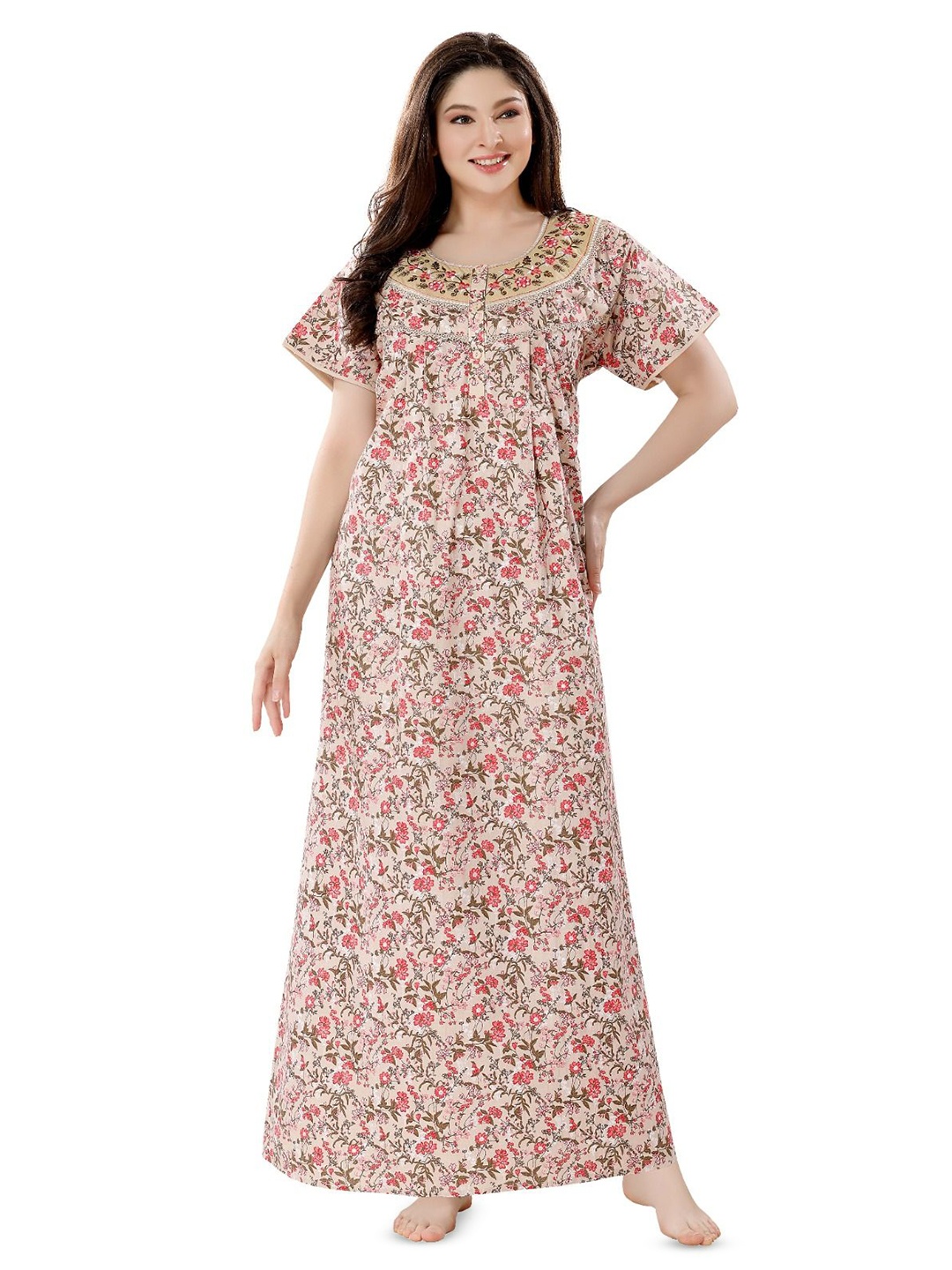 

Soulemo Women Printed Pure Cotton Maxi Nightdress, Beige