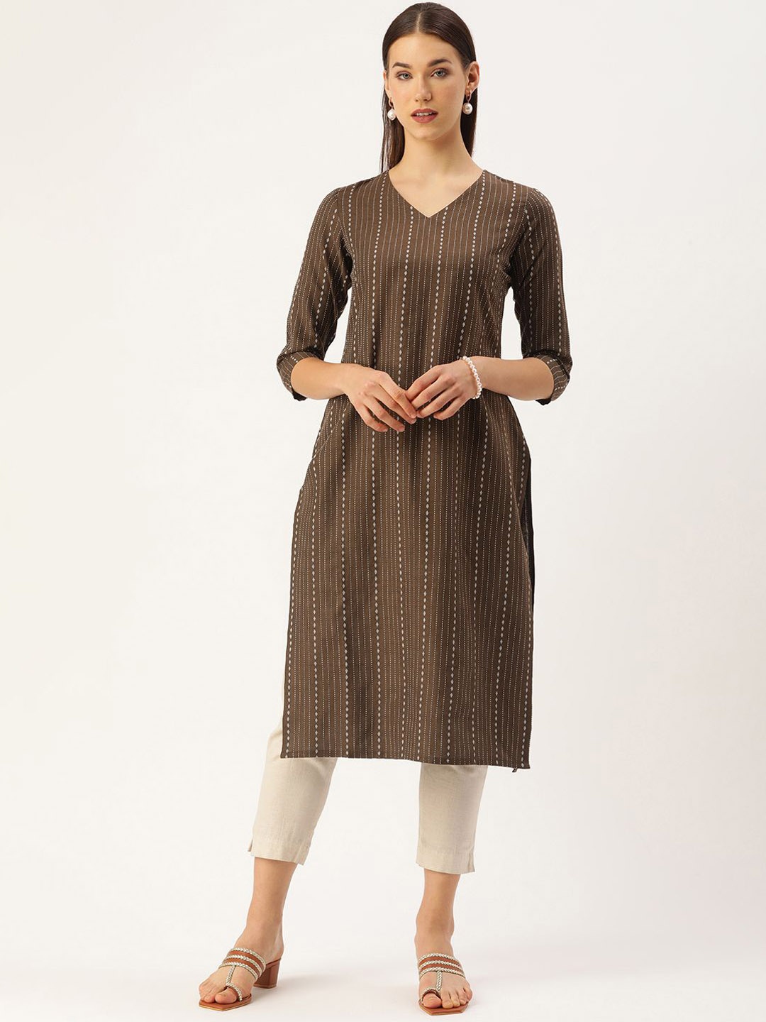 

Shaily Striped Kanta Work V Neck Straight Kurta, Brown