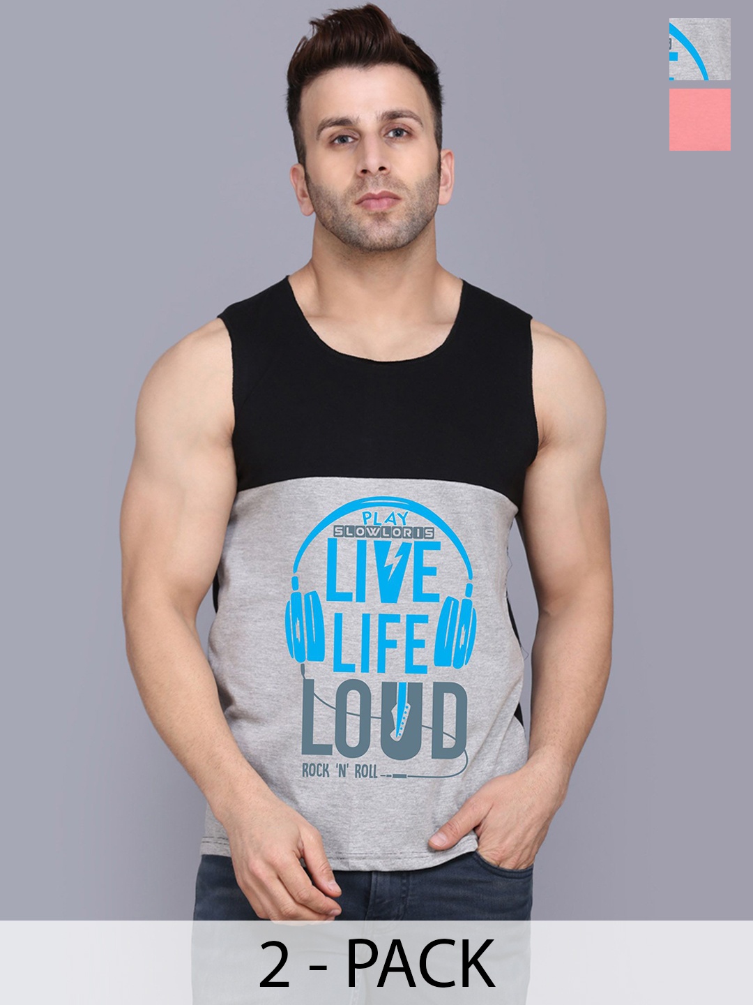 

SLOWLORIS Pack Of 2 Men Printed Gym Vests, Black