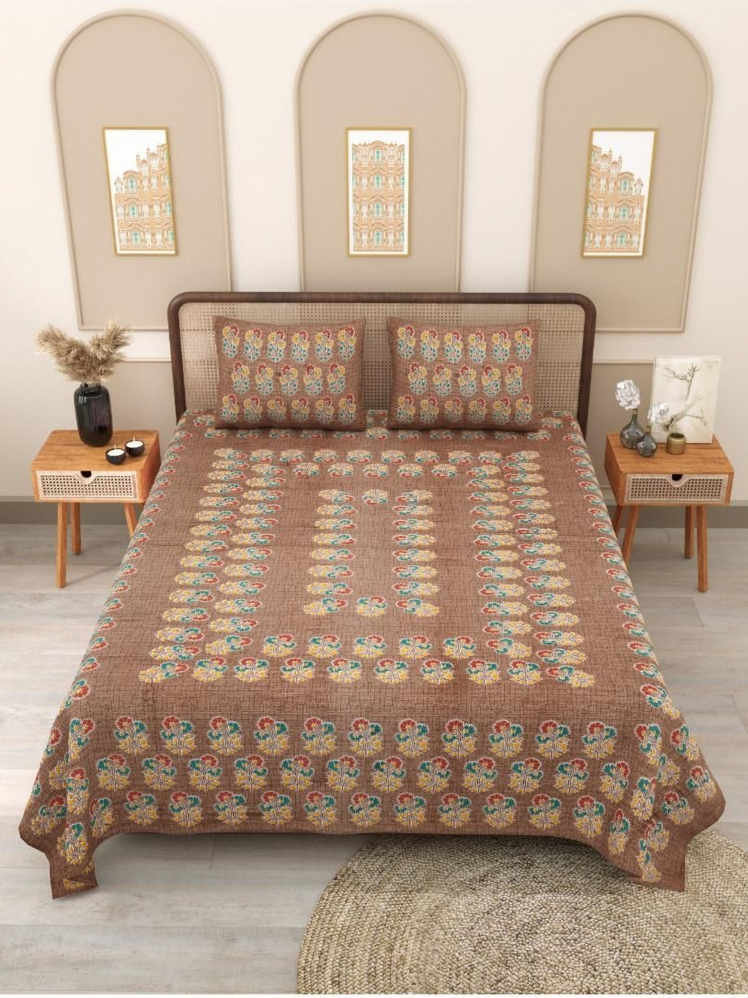 

Block Print Story Brown & Yellow Floral 210 TC Queen Bedsheet with 2 Pillow Covers