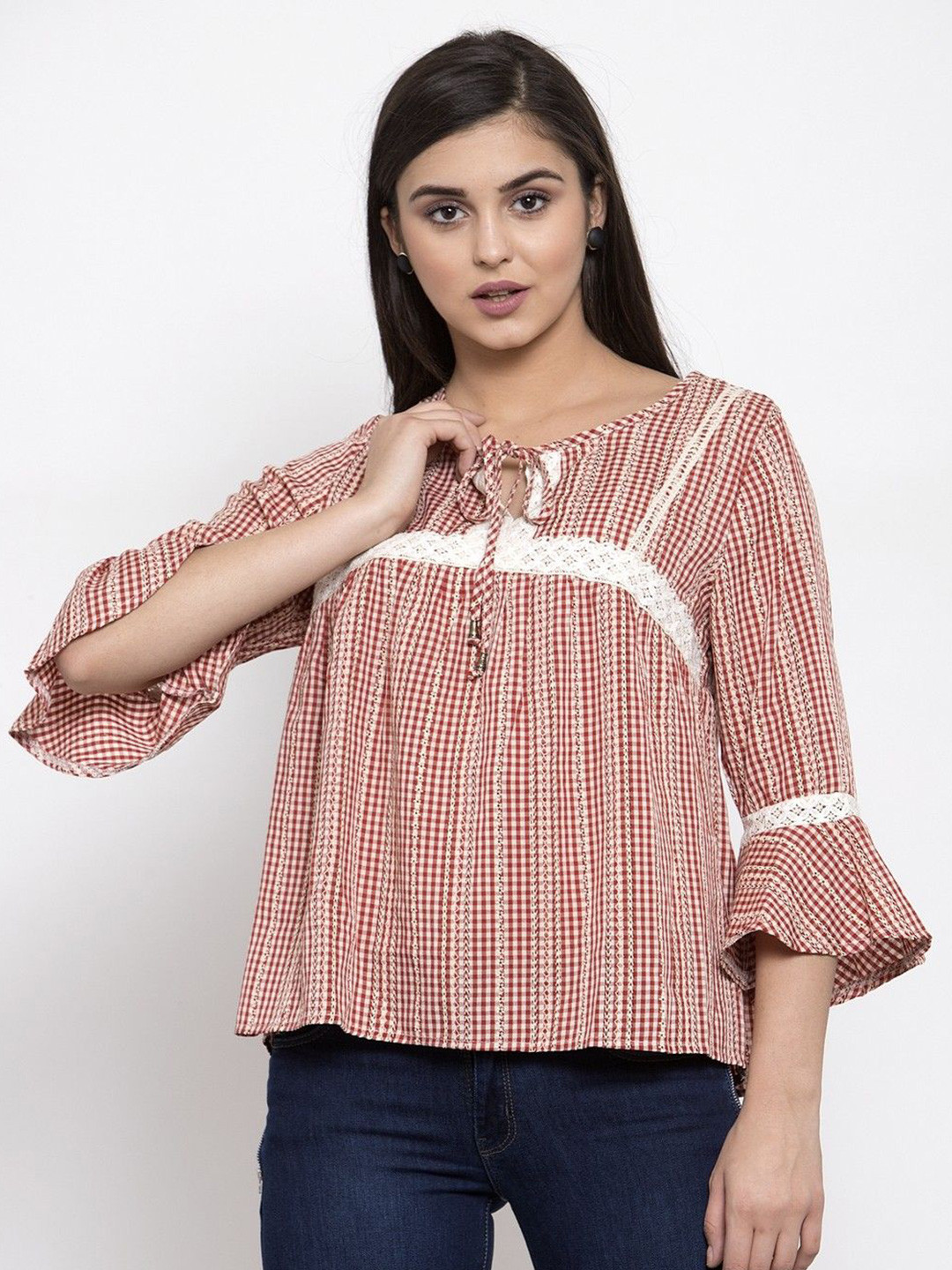 

Global Republic Women Checked Tie-Up Neck Polycotton Top, Red